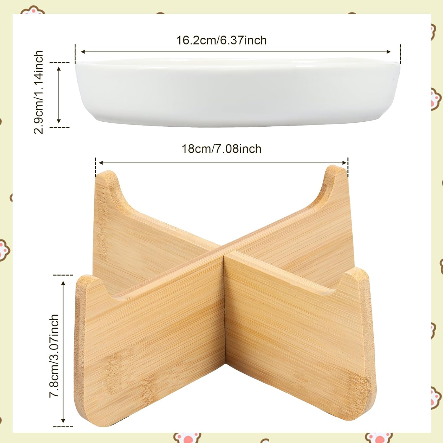 Raised Ceramic Slow Feeder Cat Bowl with Wood Stand, 6.4&times;1.14In Elevated Feeding Bowl Anti-Vomiting Non-Slip Slow Eating Dish for Cats (White) - Green image number 4