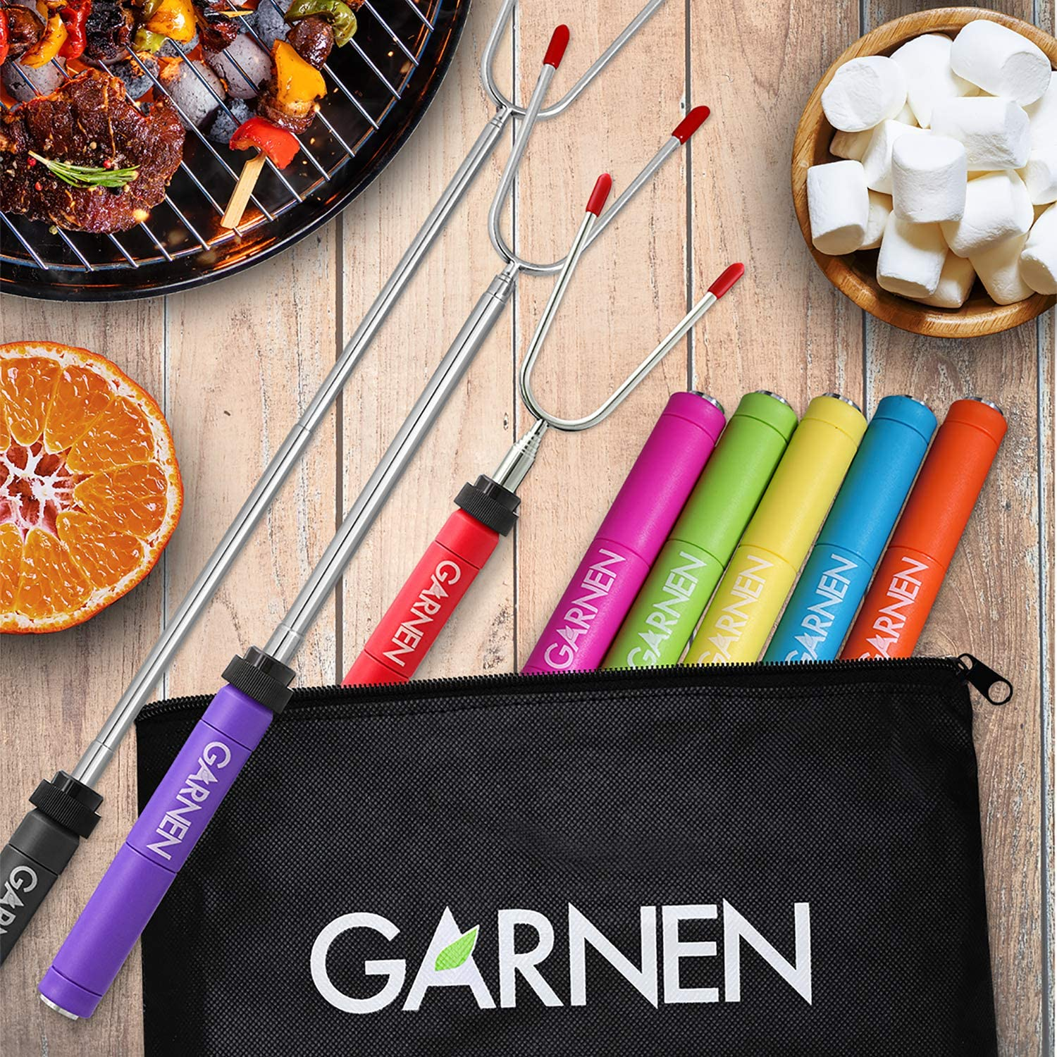 Garnen BBQ Marshmallow Roasting Smores Sticks with Pouch (8 Packs), 34 Inch Extendable Rotating Stainless Steel Skewer Fork with Plastic Handle for Kids Camping Grill Campfire Firepit image number 3