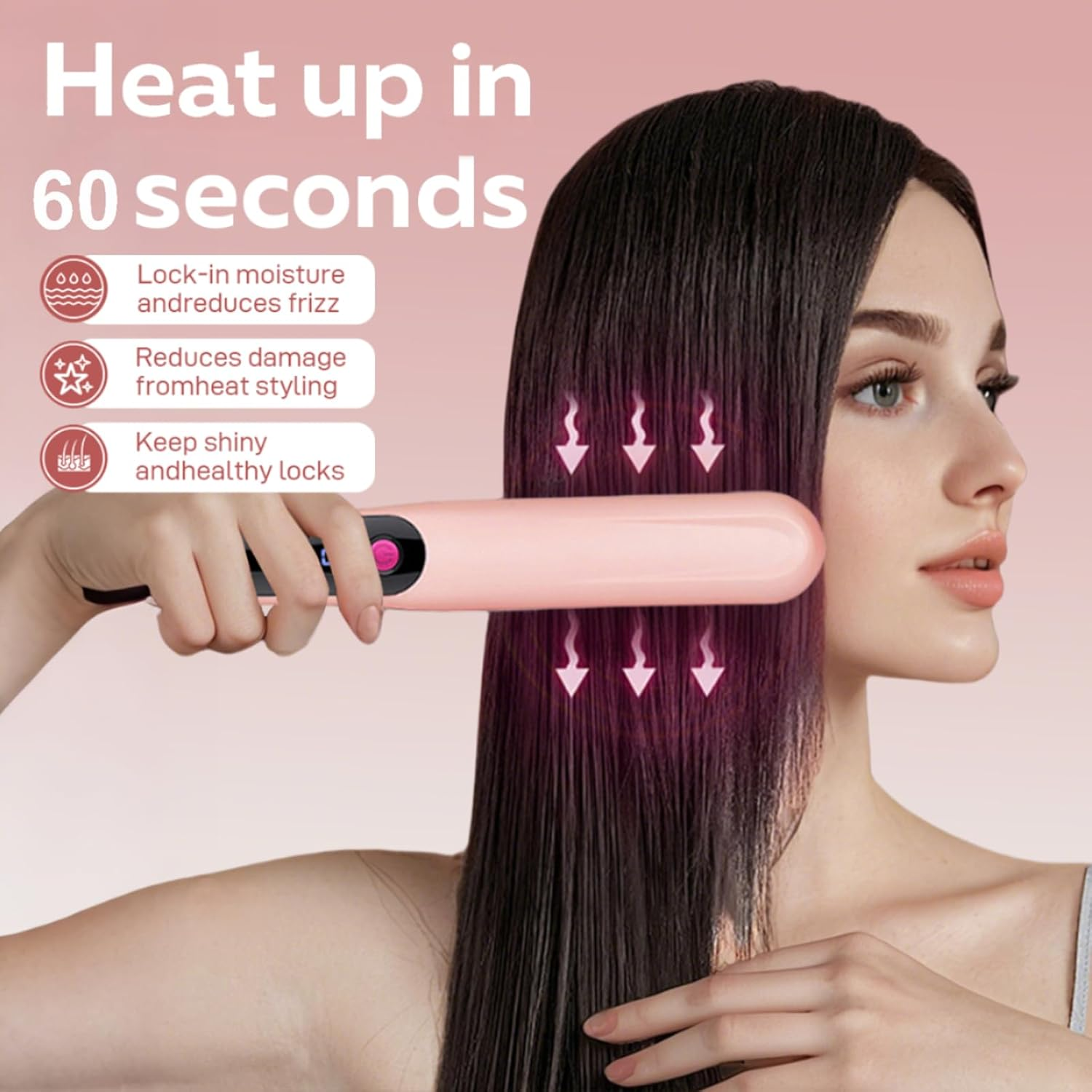 Anion Hair Straightener Brush Hair Iron with Built-In Comb 1 Minute Heating to 180&deg;C 180&deg;C/200&deg;C/230&deg;C3 Constant Temperature Mode Anti-Burn Design (Pink) - Black image number 2