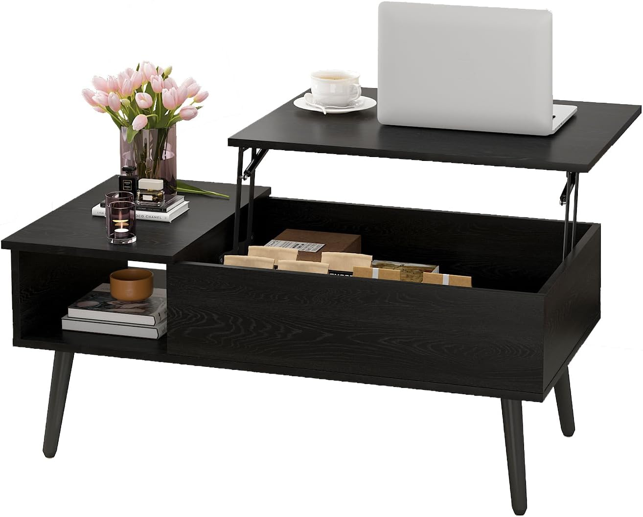 Advwin Lift Top Coffee Table with Hidden Large Compartment and Storage Shelf for Living Room Small Apartment Office Rectangle Wood Coffee Table Walnut