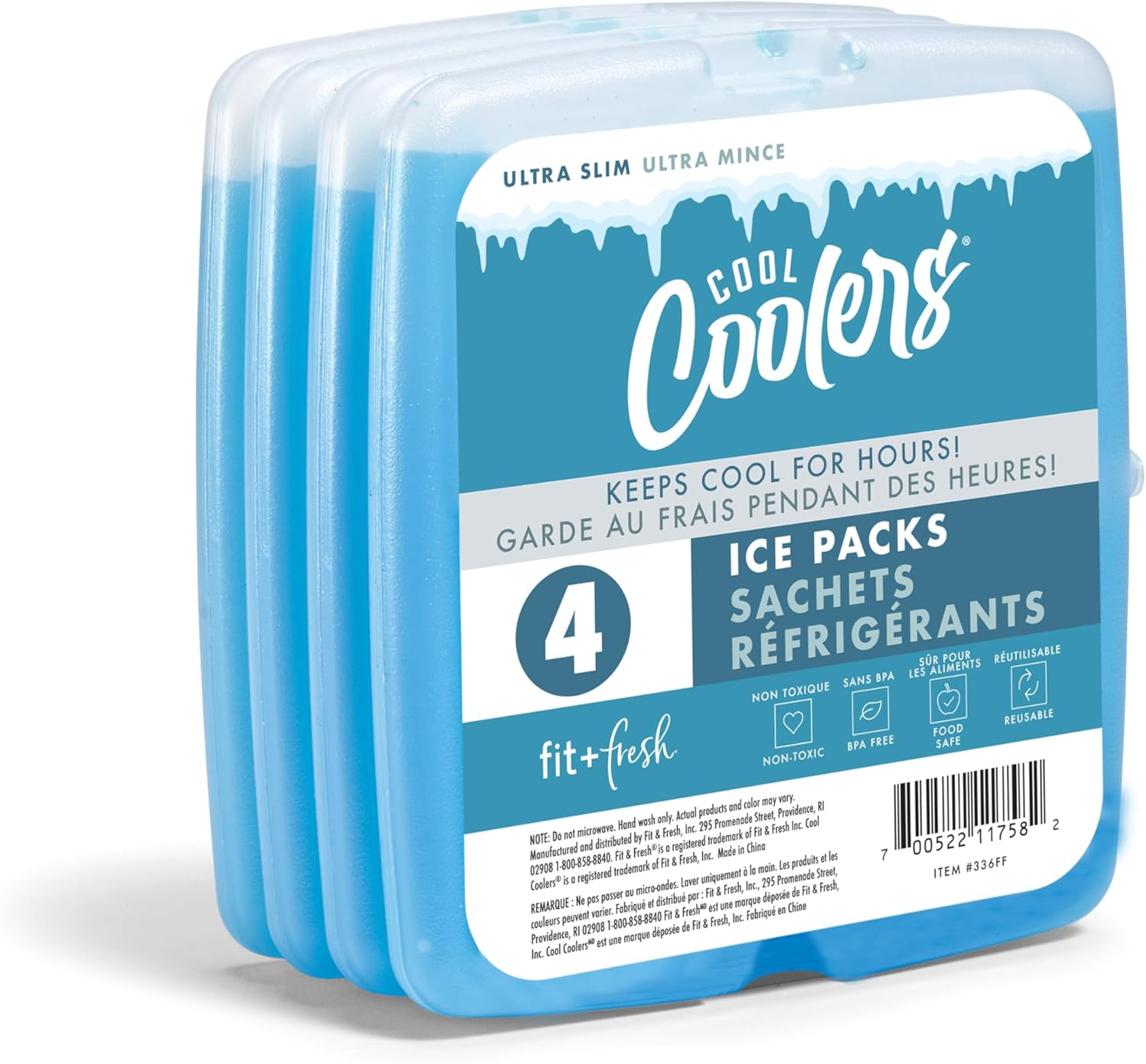 Cool Coolers by Fit + Fresh, Reusable & Long-Lasting Slim Ice Packs, Perfect Addition to Your Lunch Box, Camping Accessories, Insulated Lunch Bag, Beach Cooler Backpack & More, Clear Blue, Pack of 4 image number 4