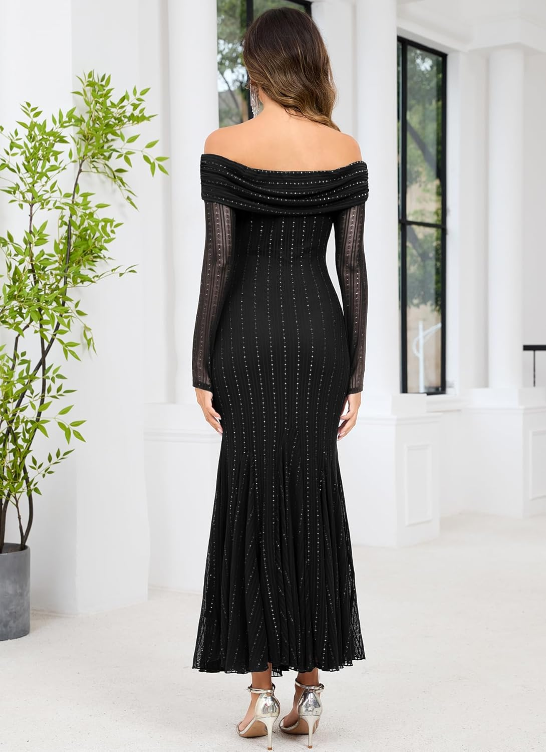 CYCLAMEN Sparkly Maternity Dress for Baby Shower off the Shoulder Long Sleeve Mermaid Pregnancy Gown with Flowy Tail Hem image number 5