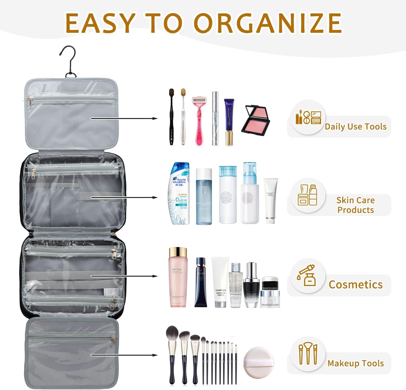 Toiletry Bag for Women Mens, Kasqo Water Resistant Large Hanging Travel Toiletry Bag Portable Shaving Makeup Cosmetic Organizer with Luggage Sleeve for Daily Gym Business Trip, Black