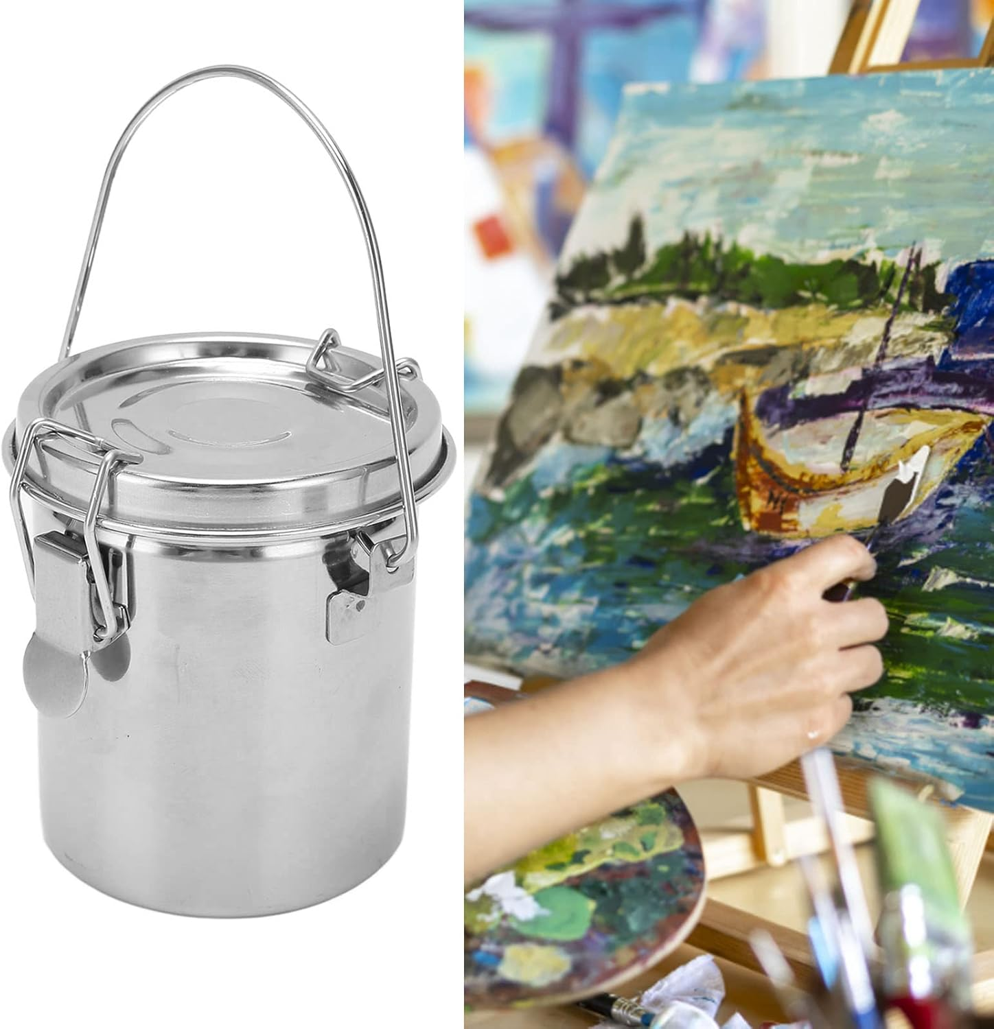 Paint Brush Washer, Stainless Steel Artist Oil Paint Brush Washer, with Lid and Filter Screen for Oil Painting, Airtight Brushs Cleaner for Painting image number 6