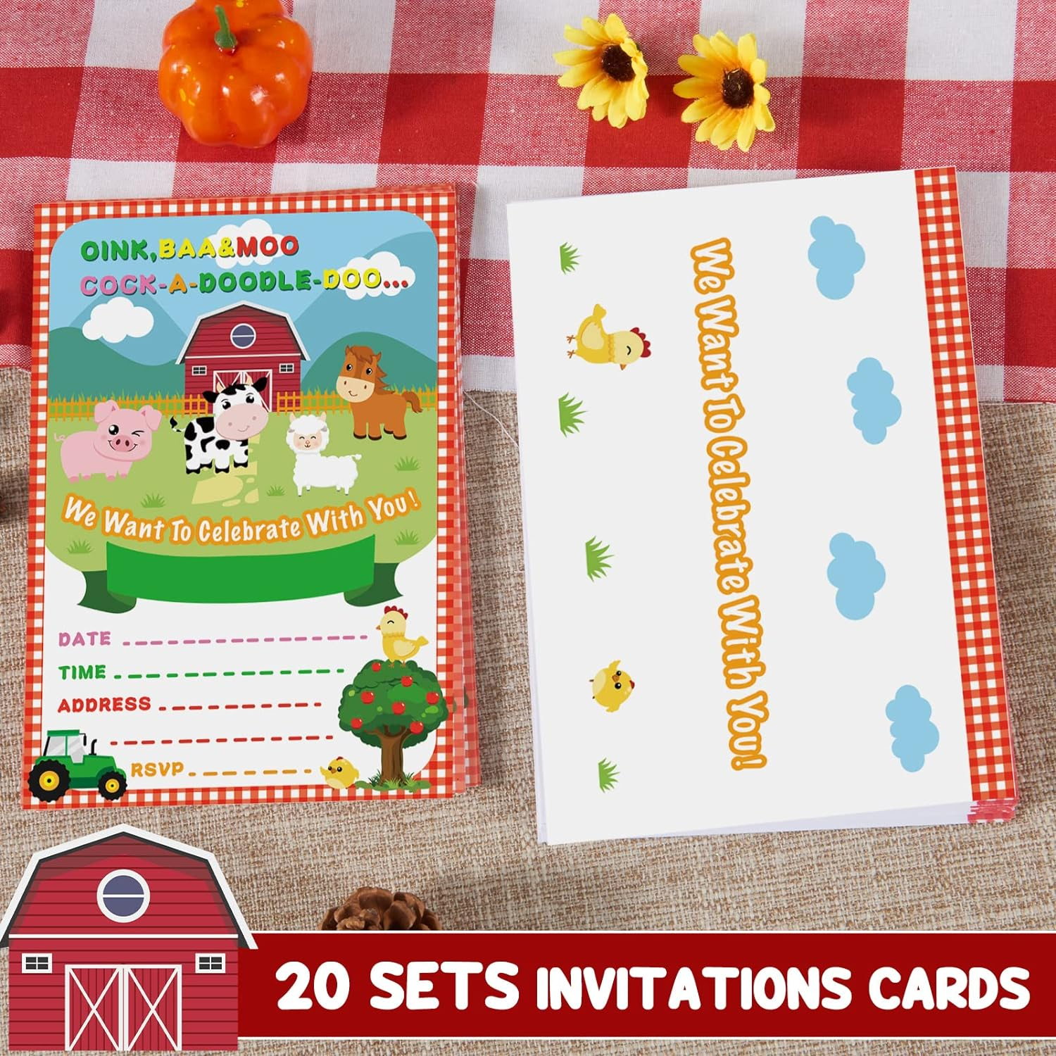 WERNNSAI Farm Party Invitations with Envelopes - 20 Count Farm Animals with Barnyard Tractor Invite Cards for Kids Boys Birthday Baby Shower Farm Themed Party Supplies image number 5