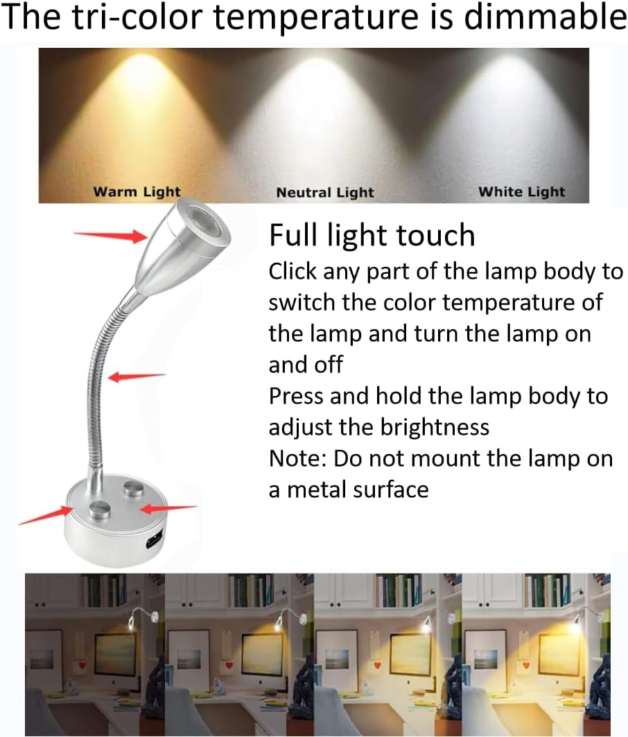 12V RV Reading Light LED Bedside Light Spotlight with 5V/2A USB Charging Port 3 CCT Touch Dimmable Flexible Gooseneck Wall Lamp for Boat, Motorhome, Camper Caravan Van Interior Lighting (White) image number 1