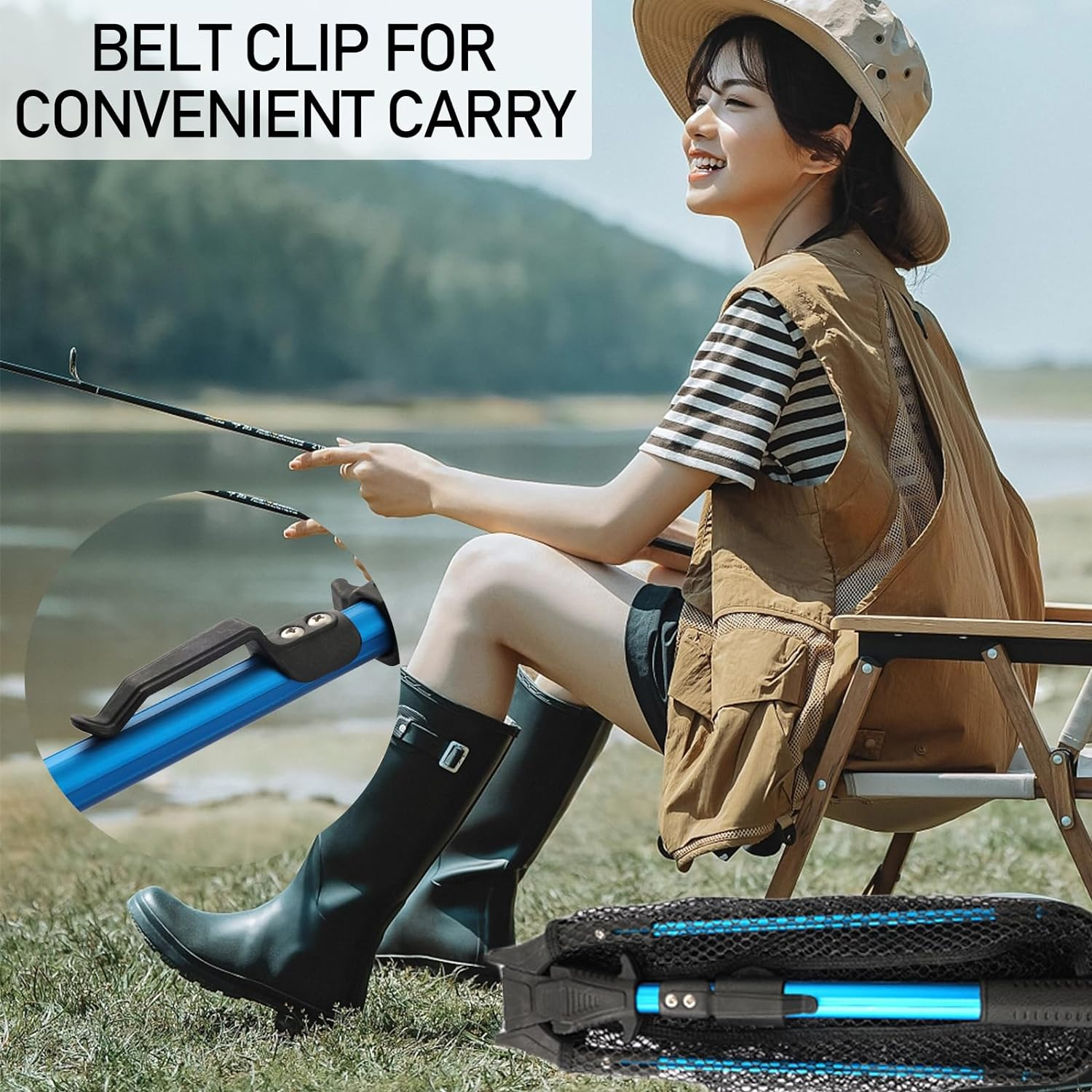 Uandhome Fishing Net, Foldable Collapsible Telescopic Fish Landing Net Rubber Coated Floating Fishing Net for Steelhead, Salmon, Fly, Kayak, Catfish, Bass, Trout Fishing, Extend to 73-92CM image number 1