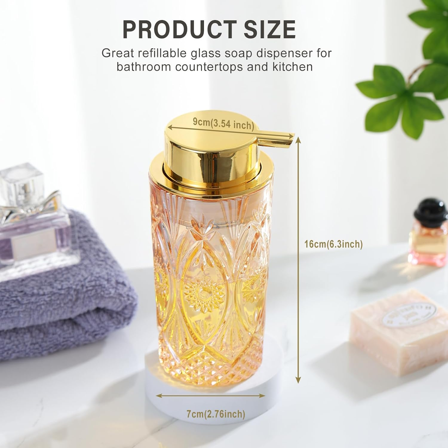 LEICURACE Glass Foaming Hand Soap Dispenser Foaming Soap Dispenser for Bathroom Clear Soap Dispenser with Pump (Amber Sun Patteren) - Foam Type/Gold/U Pattern image number 6