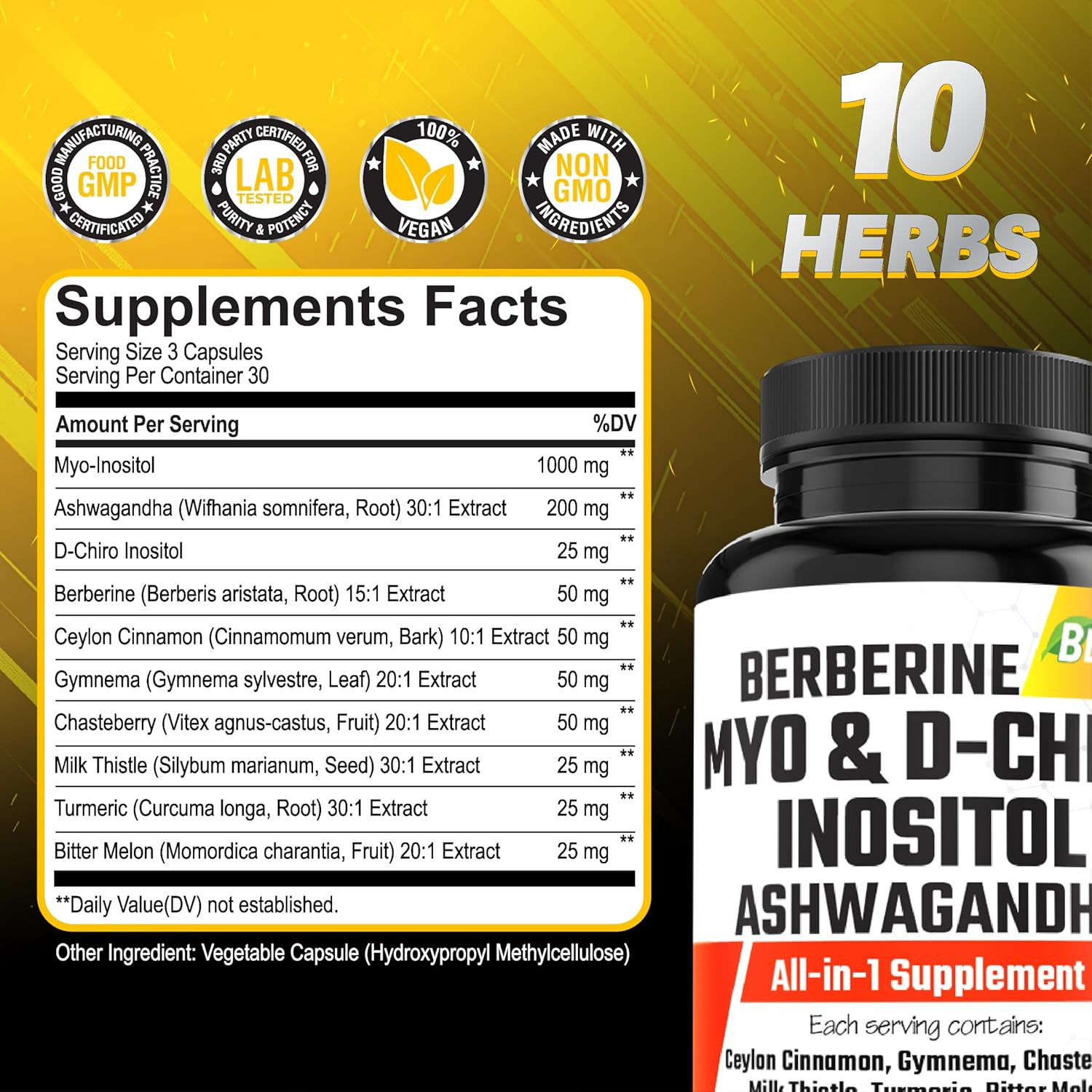 BEBEFEN Myo-Inositol & D-Chiro Inositol Capsules with Ashwagandha, Berberine, Cinnamon, Gymnema, Chasteberry, Milk Thistle, Turmeric, Bitter Melon - 90 Capsules image number 1