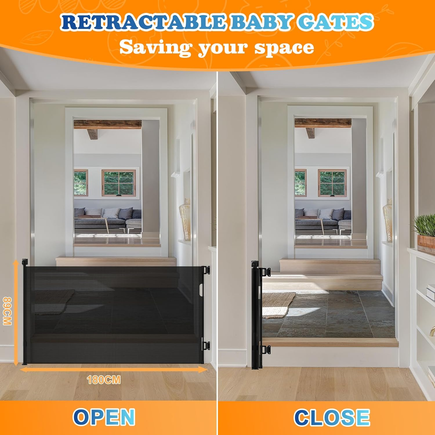 Retractable Baby Gate Pet Gate,180Cm Baby Gate,89 Cm Tall Baby Gate Safety Gate One Handed Operation Durable Mesh Dog Gate for Doorways, Stairs, Hallways,Indoor&Outdoor image number 5