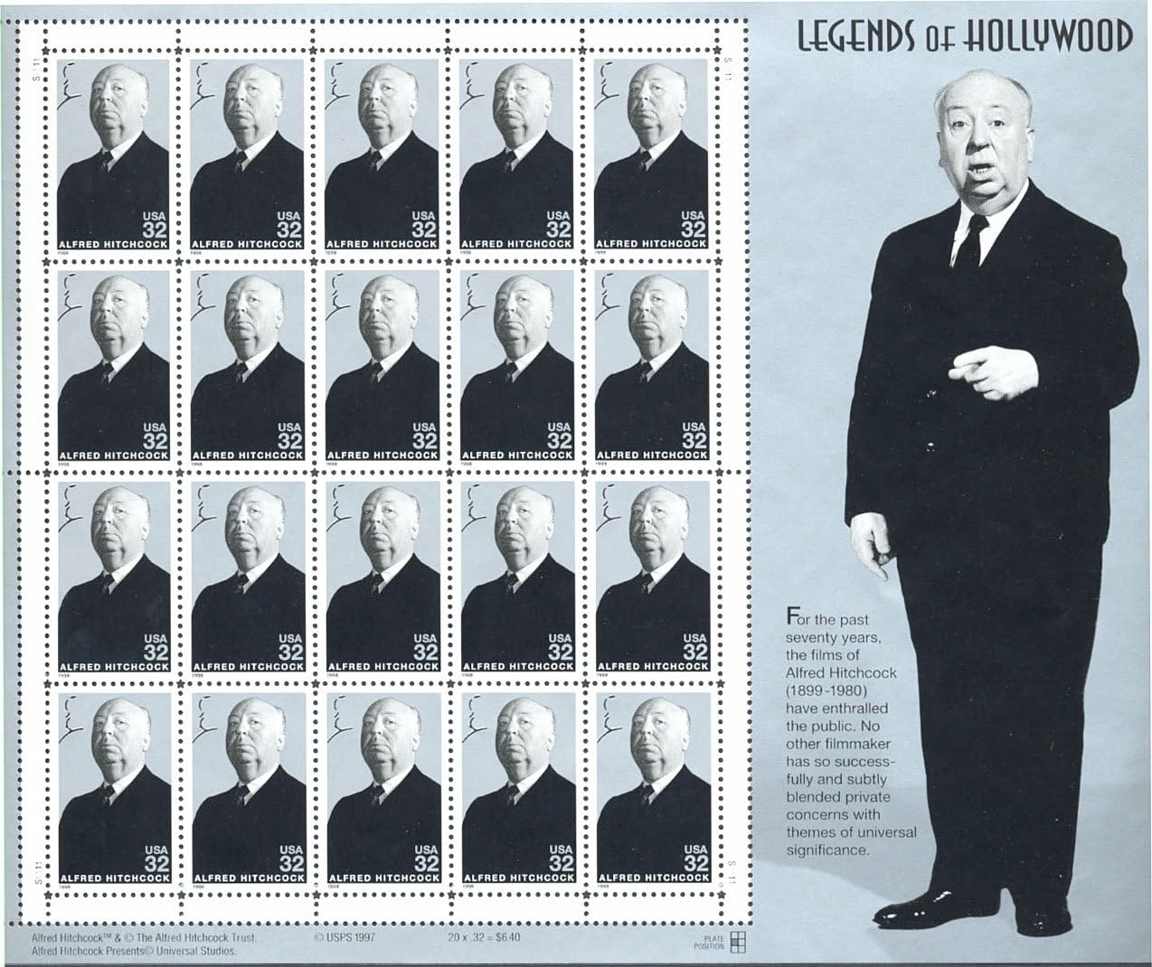 Alfred Hitchcock: Legends of Hollywood, Full Sheet of 20 X 32-Cent Postage Stamps, USA 1998, Scott 3226
