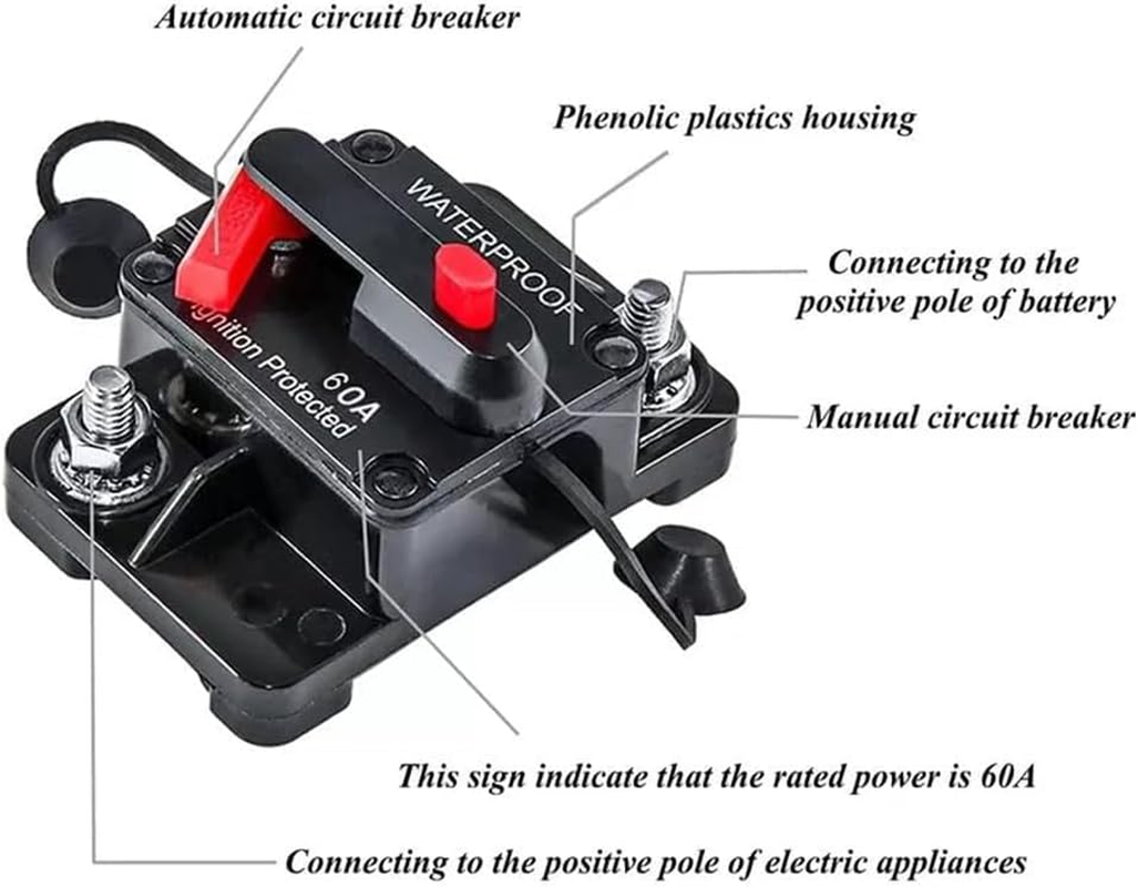 Anhoer Circuit Breaker with Manual Reset 12V-48V DC Waterproof Circuit Breaker Fuse Holder Inverter 50-250A for Solar Power Marine Boat Car Motor (60A) image number 6