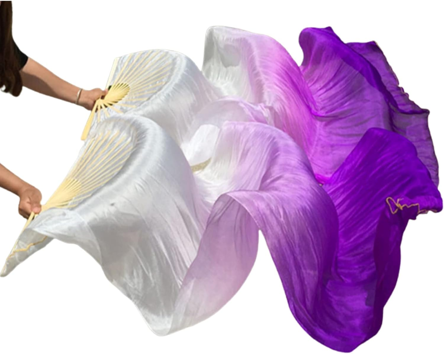 Belly Dance Faux Silk Veil Fans, 1 Pair (Left+Right) Faux Silk Bamboo Long Fans Veils, Handmade Belly Dance Dancing Silk Fans, Dance Performance - Style1 image number 4