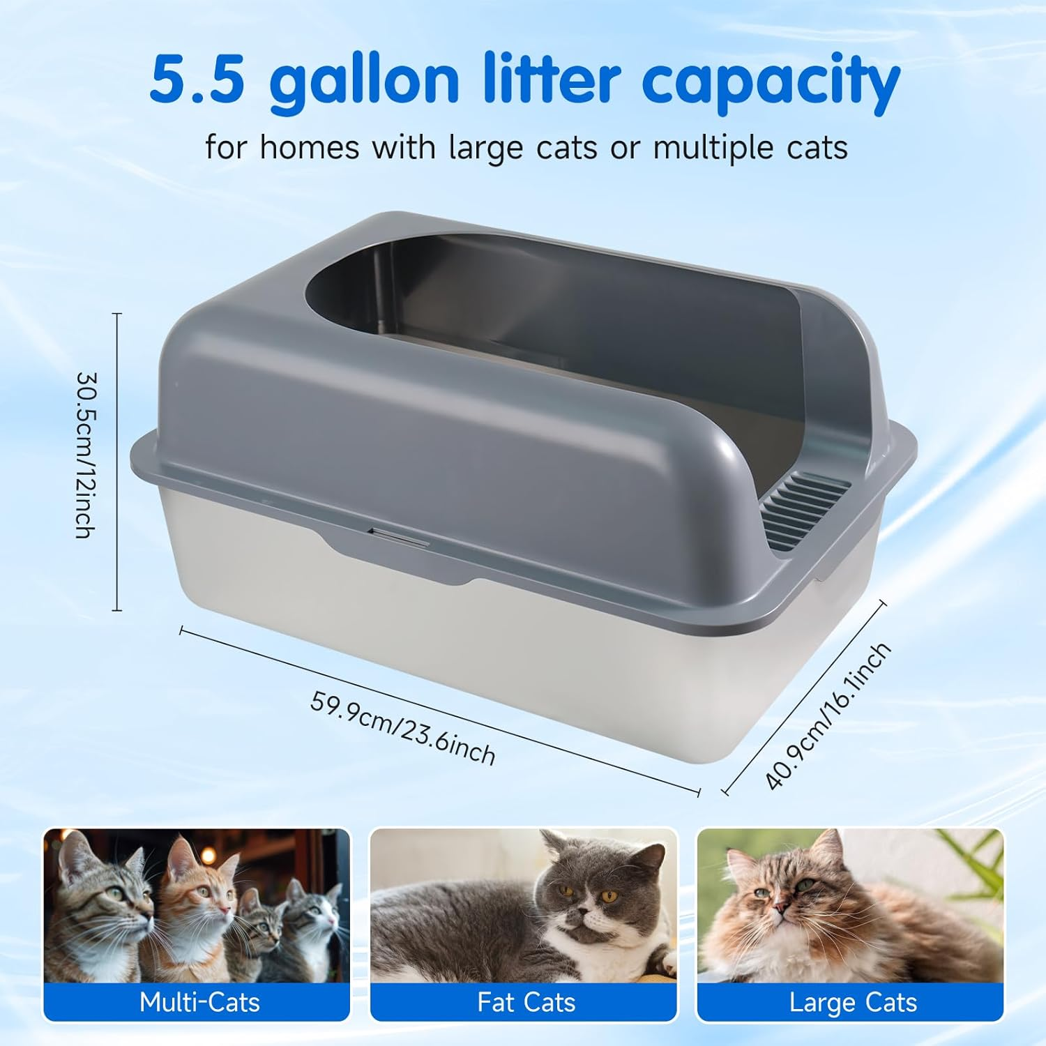 Extra Large Stainless Steel Litter Box with Lid, High Sides Covered Metal Jumbo Cat Litter Boxes for Big Cats, anti Leakage, Never Absorbs Odors, Non-Sticky, FOXORU image number 3