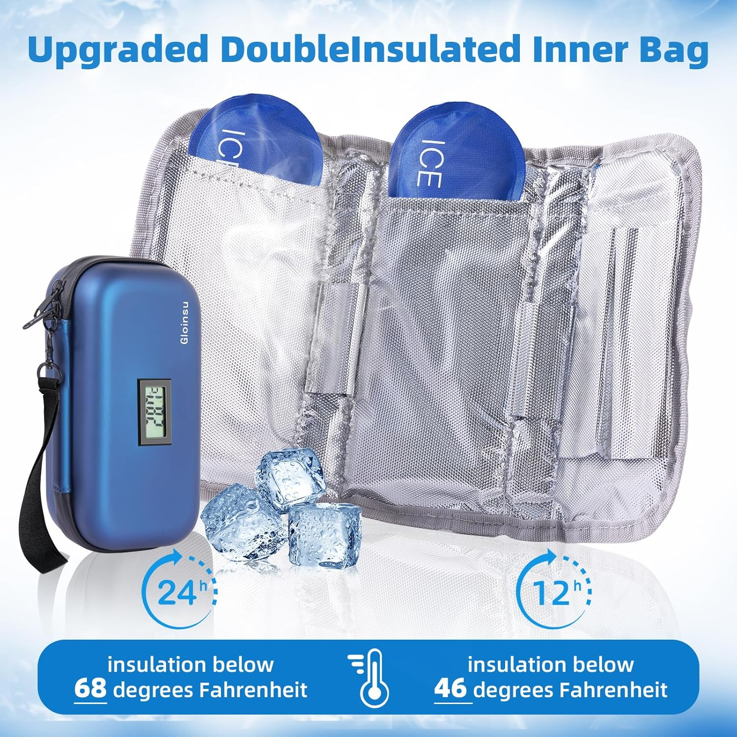 24H Insulin Cooler Travel Case TSA Approved - Medication Diabetic Cooler with Thermometer Temperature Display | Refrigerated Medicine Organizer Bag with 2 Ice Packs for Travel（Blue） image number 5