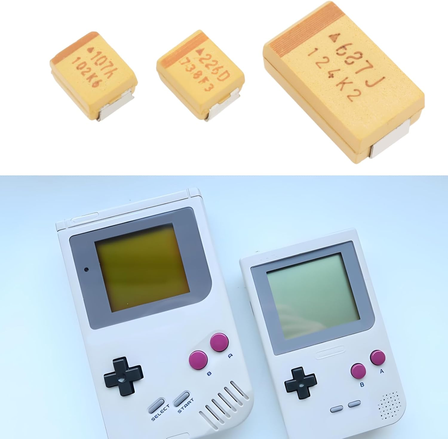 Emsea 3Pcs 687J 226D 107A Surface Mount Tantalum Capacitor Replacement Kit 6.3V-680Uf 20V-22Uf 10V-100Uf Compatible with Game Boy