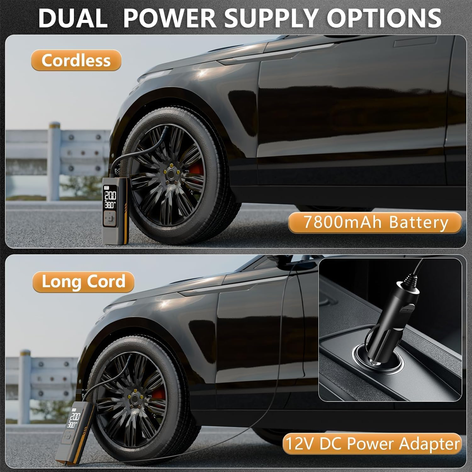 Tyre Inflator Portable Air Compressor, DC 12V Electric Tyre Pump with Digital Pressure Gauge & LED Light, 150PSI Air Pump with Auto Shut off for Cars, Motorcycles, Bikes, Bicycles, Balls