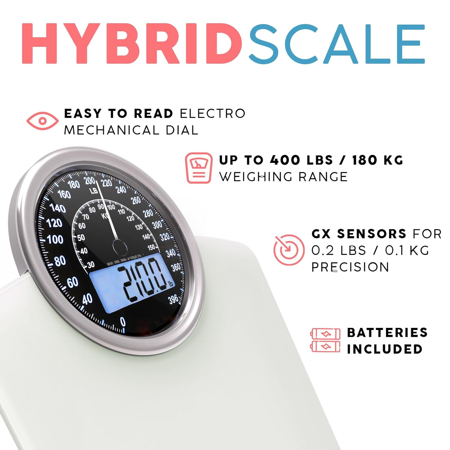 Adamson Hybrid 2-In-1 Analog & Digital Weighing Scale for Body Weight up to 400Lbs + Thick Tempered Glass + Extra Large Display + Easy to Read Digital Bathroom Scale + New Version - White image number 4