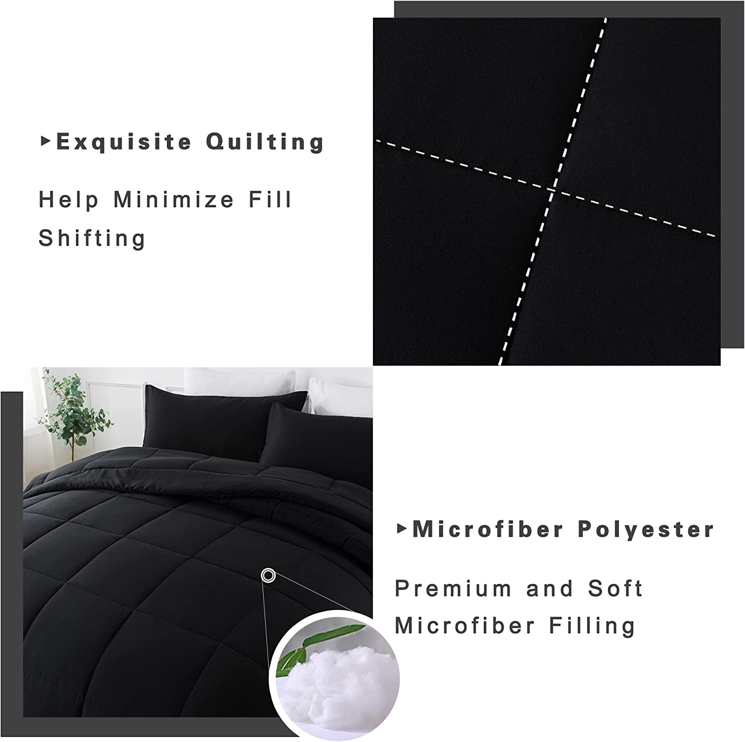 DOWNCOOL Queen Comforter Set -All Seasons Bedding Comforters & Sets with 2 Pillow Cases-3 Pieces Bed Set Queen down Alternative Comforter Set -Black Bedding Comforter Sets Queen (88X90 Inches) image number 6