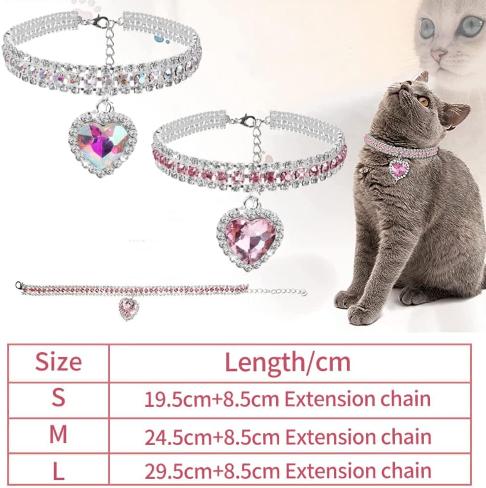 2 Pack Diamond Collar for Cat Bling Pet Dog Collar Fashion Crystal Diamond Adjustable Rhinestone Cat Necklace Cat Collars for Puppy Kitten (Heart,S) image number 6