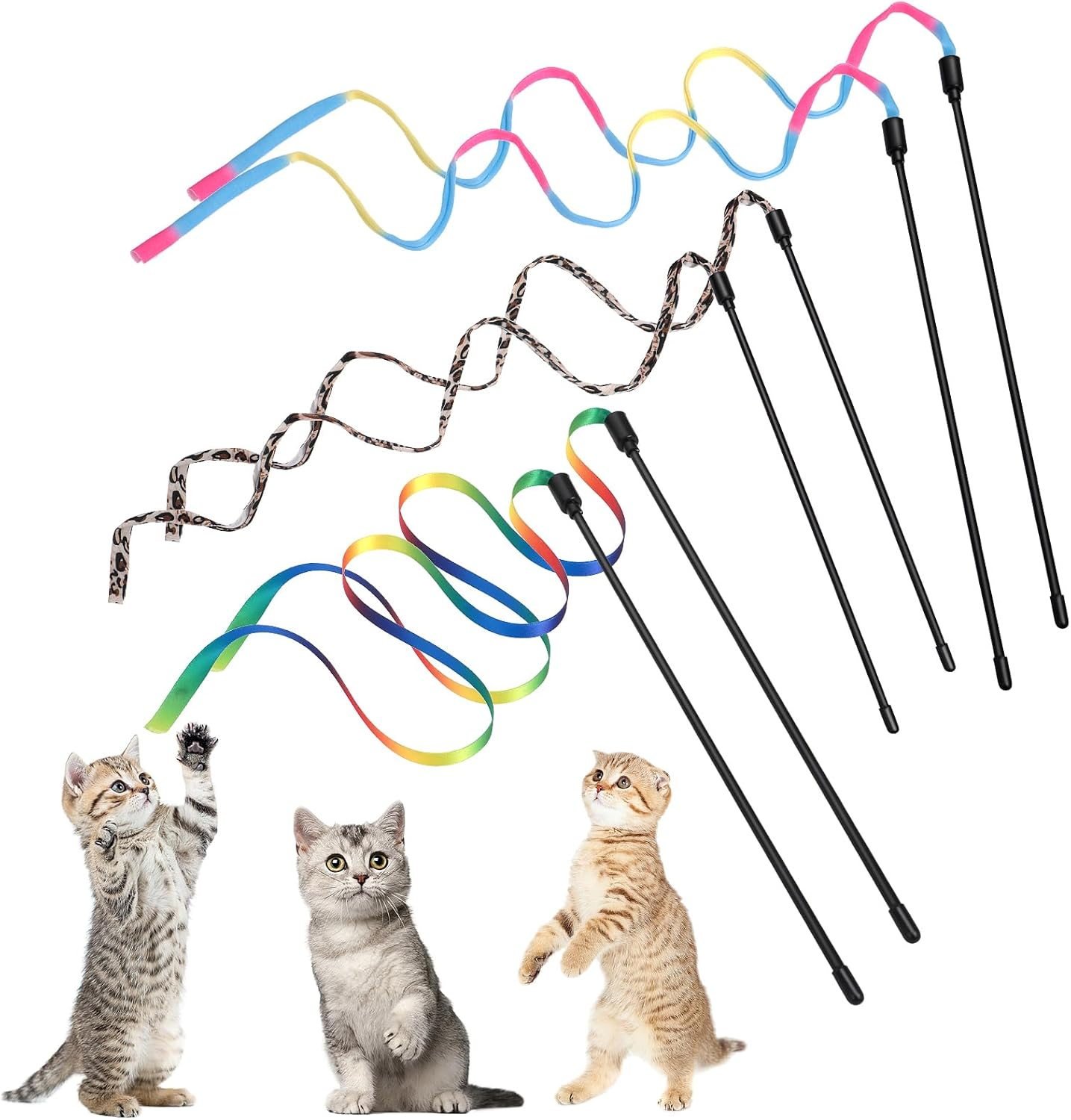 Amaxiu Cat Wand Toy Set, Interactive Cat Wand Toy with Rainbow Ribbon String, Rainbow Cloth String, Leopard Print Cloth String for Small Cats Kittens Indoor Training Catcher(6 Packs) image number 5