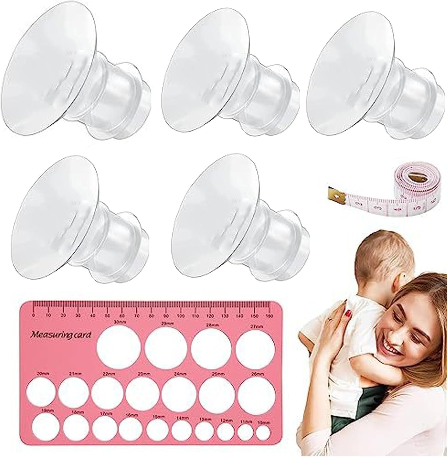 Flange Sizing Kit, 10PCS Soft Silicone Flange Inserts 13/15/17/19/21Mm & Nipple Measurement Ruler Tool for 24Mm Most Pumps, Breastfeeding Essentials for Moms