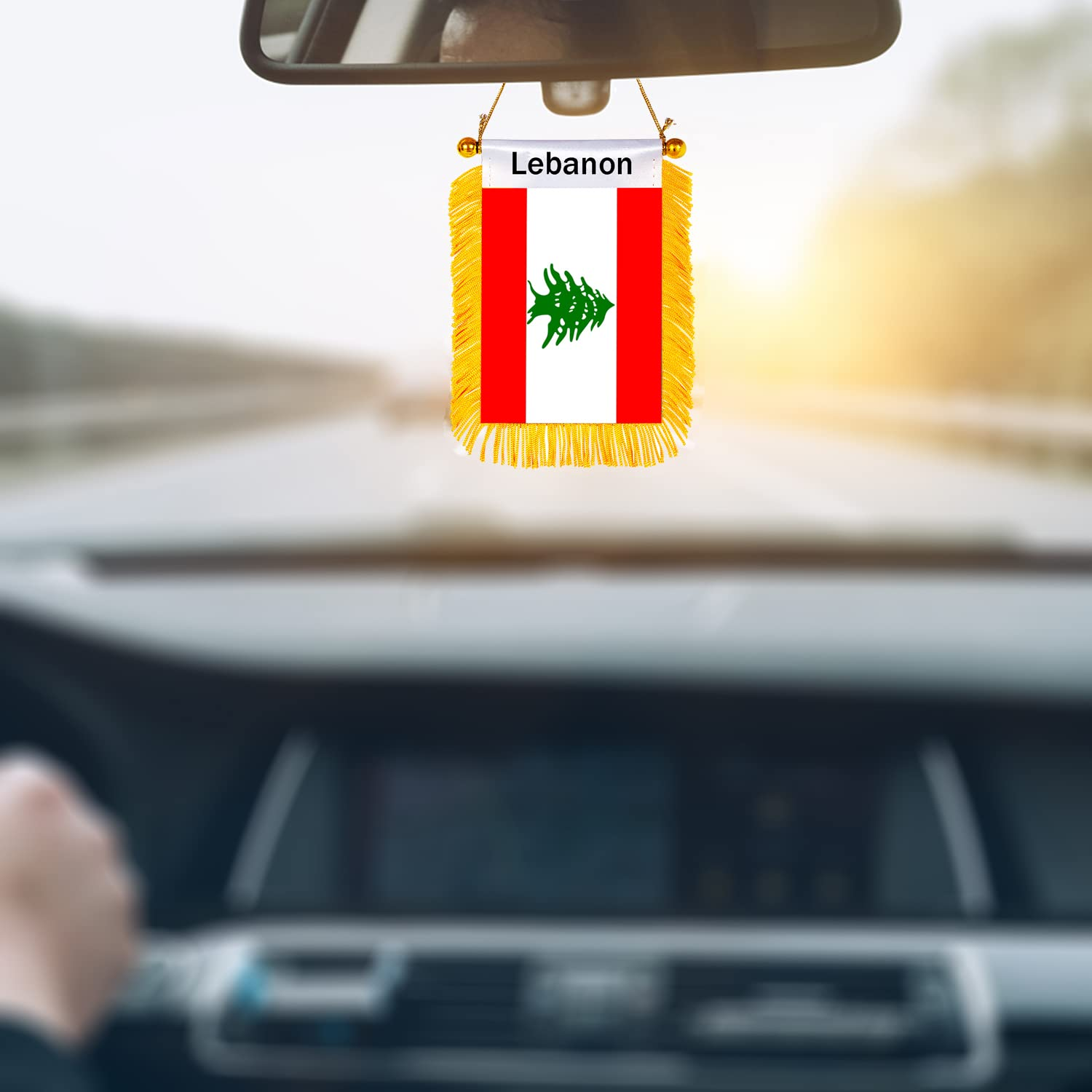 WXTWK 3 X 5 Inch Lebanon Flag Lebanese Window Hanging Flag Small Mini Car Flags Banners Rearview Mirror Decoration with Suction Cup Golden Fringy Banner image number 2