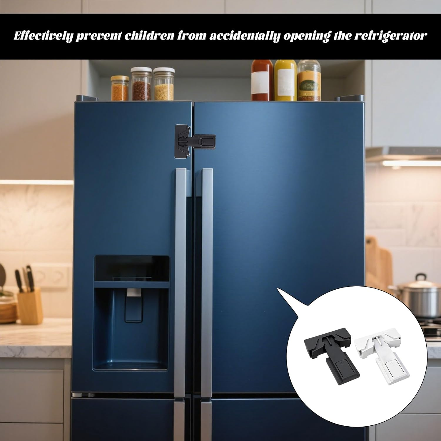 Refrigerator Fridge Lock, 4Pcs Fridge Latch, Fridge Freezer Door Lock, Refrigerator Freezer Door Lock for Kids and Aging Seals, 3M Adhesive No Tools Required and Easy Installation image number 1