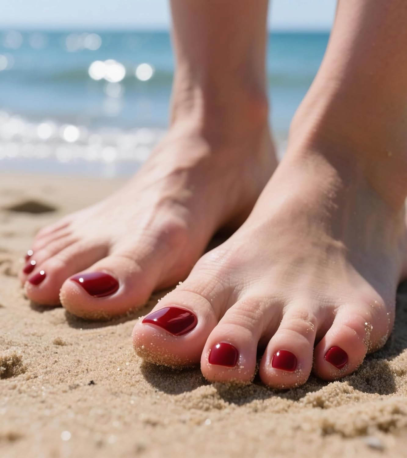 24 Short Square False Toes, Shiny Female Toes, 12 Pieces of False Toenails of Different Sizes, Reusable Toenail Sticking for Female Nail Art, Acrylic False Nail Kit (Wine Red) image number 4