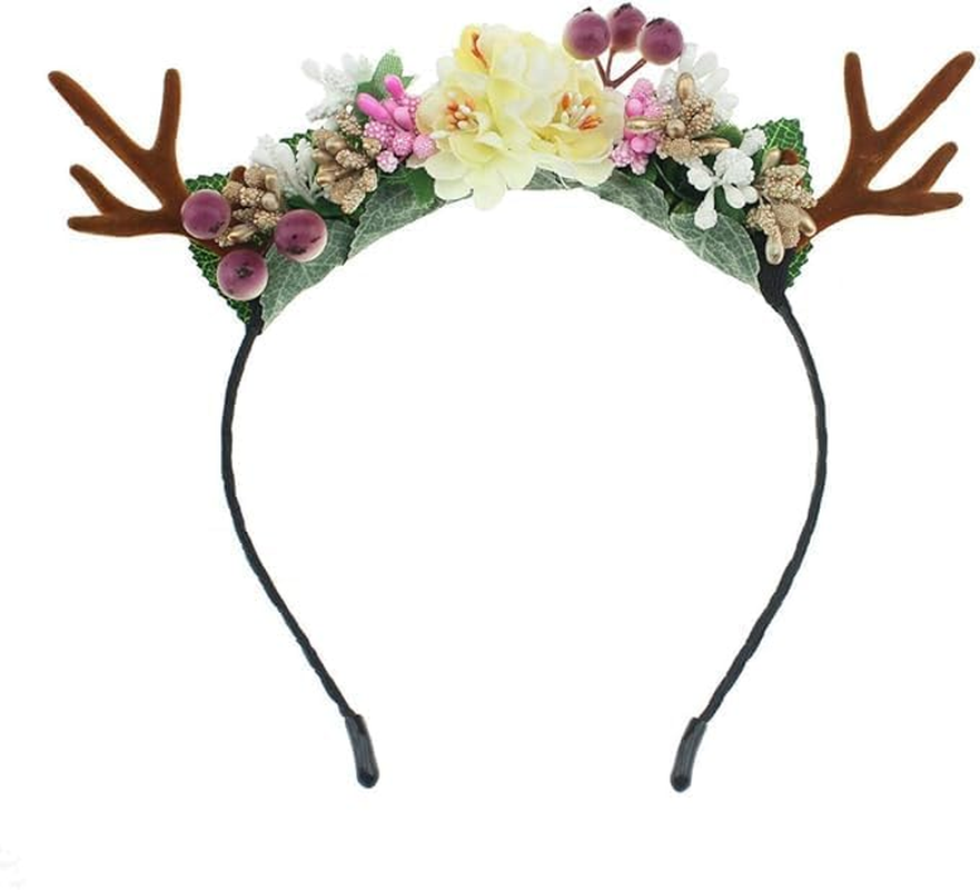 Christmas Headband Deer Antler Hair Hoop with Flowers Headpiece Headware for Girl Women Party