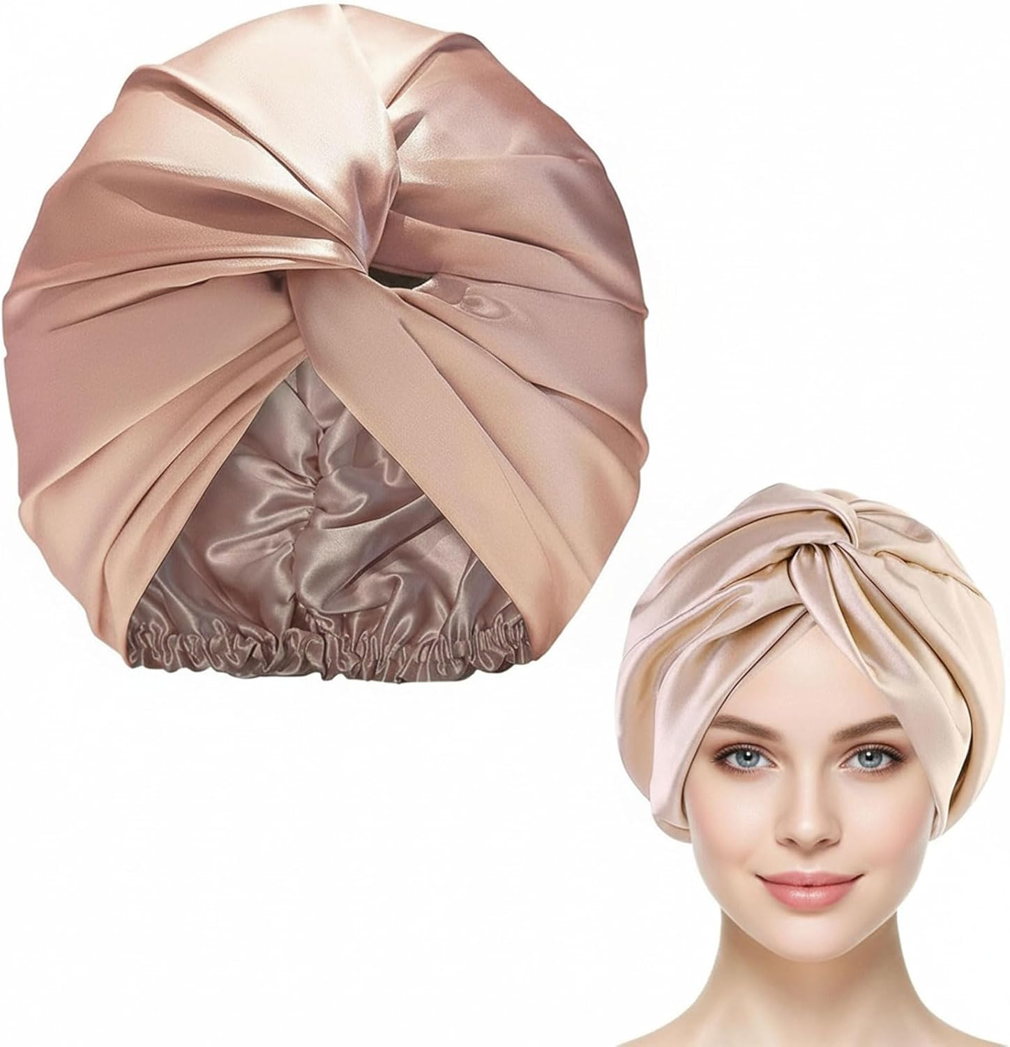 Ruibex Silk Hair Bonnet for Sleeping Mulberry Silk Bonnet Sleep Cap Hair Wrap Turban for Women Curly Hairs, Sleeping Cap with Elastic Bow, Champagne Colour, Compatible with 52&ndash;58 Cm Head Size image number 1
