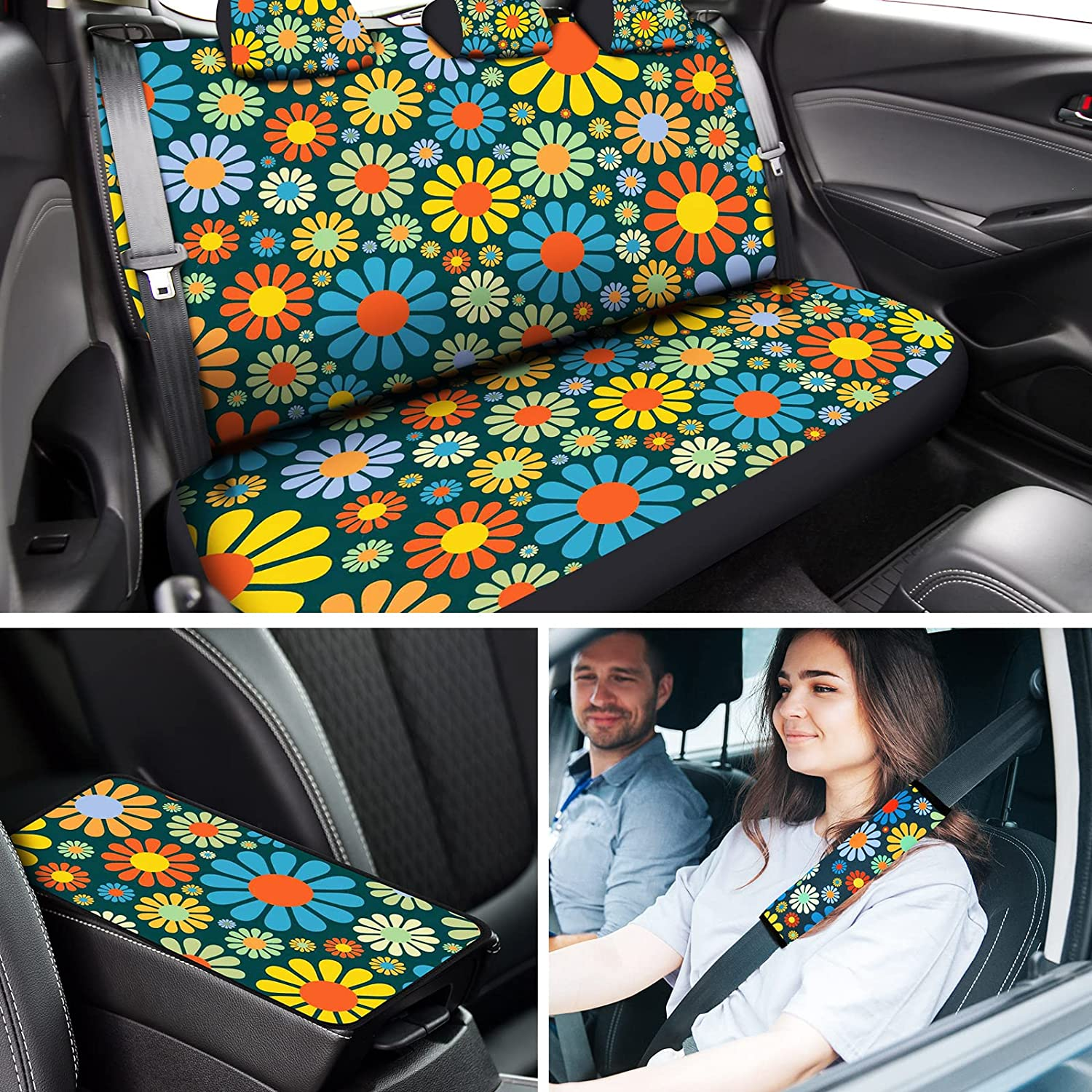 17 Pcs Hippie Flower Car Seat Cover Set Universal Car Accessories Colorful Art Floral Seat Cover Steering Wheel Cover Car Armrest Cover Cup Holder Mat Keyring Shoulder Pad Wrist Strap for Women Men image number 3
