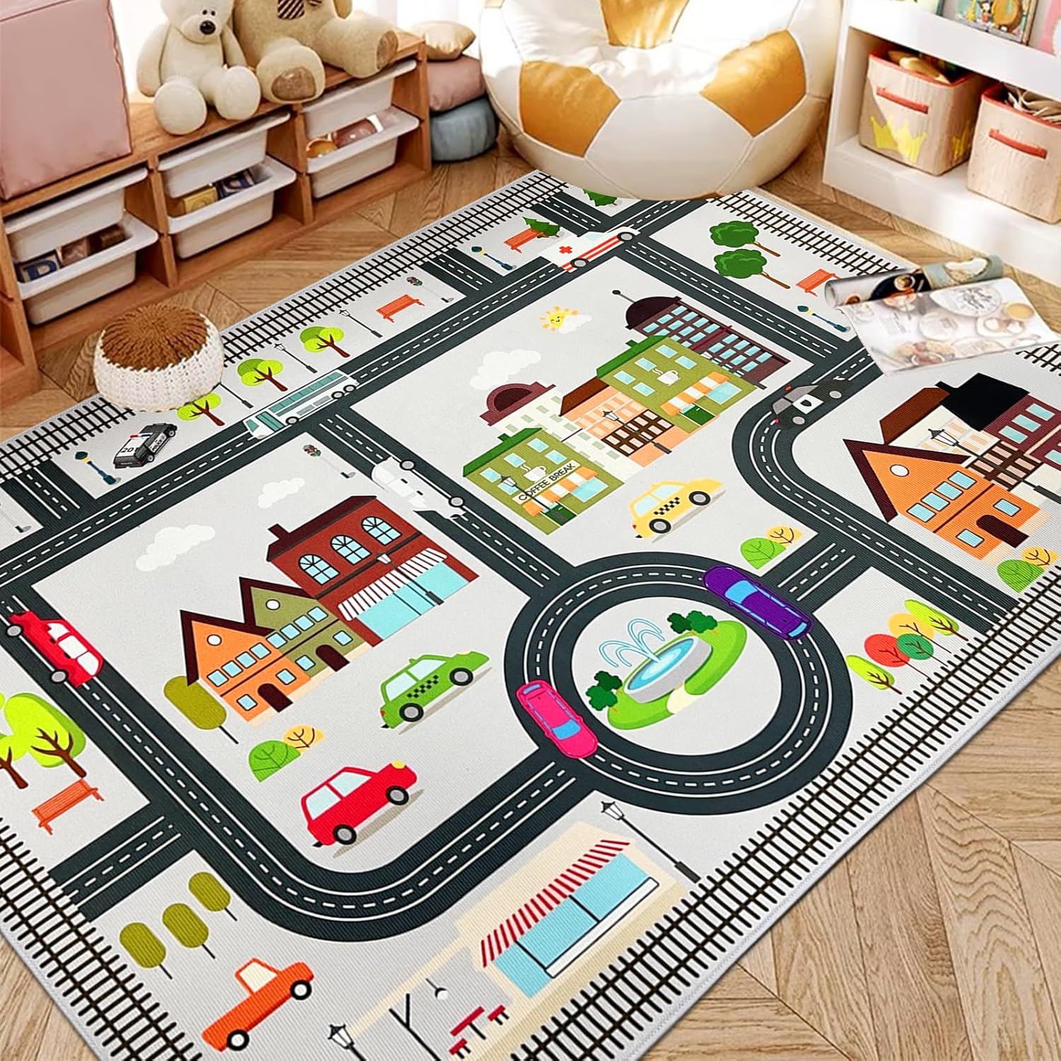 Kids Rugs Non-Slip Playmat Carpet, Educational & Play Area Rug, Alphabet, Numbers, Shapes, City Car Road Traffic System Learning Activity Centerpiece Play Mat for Playroom (Multicolor 5, 80 * 120Cm) image number 5