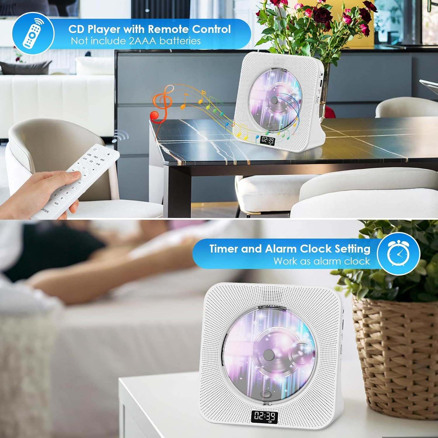 Gueray Desktop CD Player Bluetooth CD Player with Speakers for Home, Portable CD Player with AUX USB Headphone Jack FM Radio Multifunctional CD Player with Remote Control, LCD Display for Kids Gift image number 6