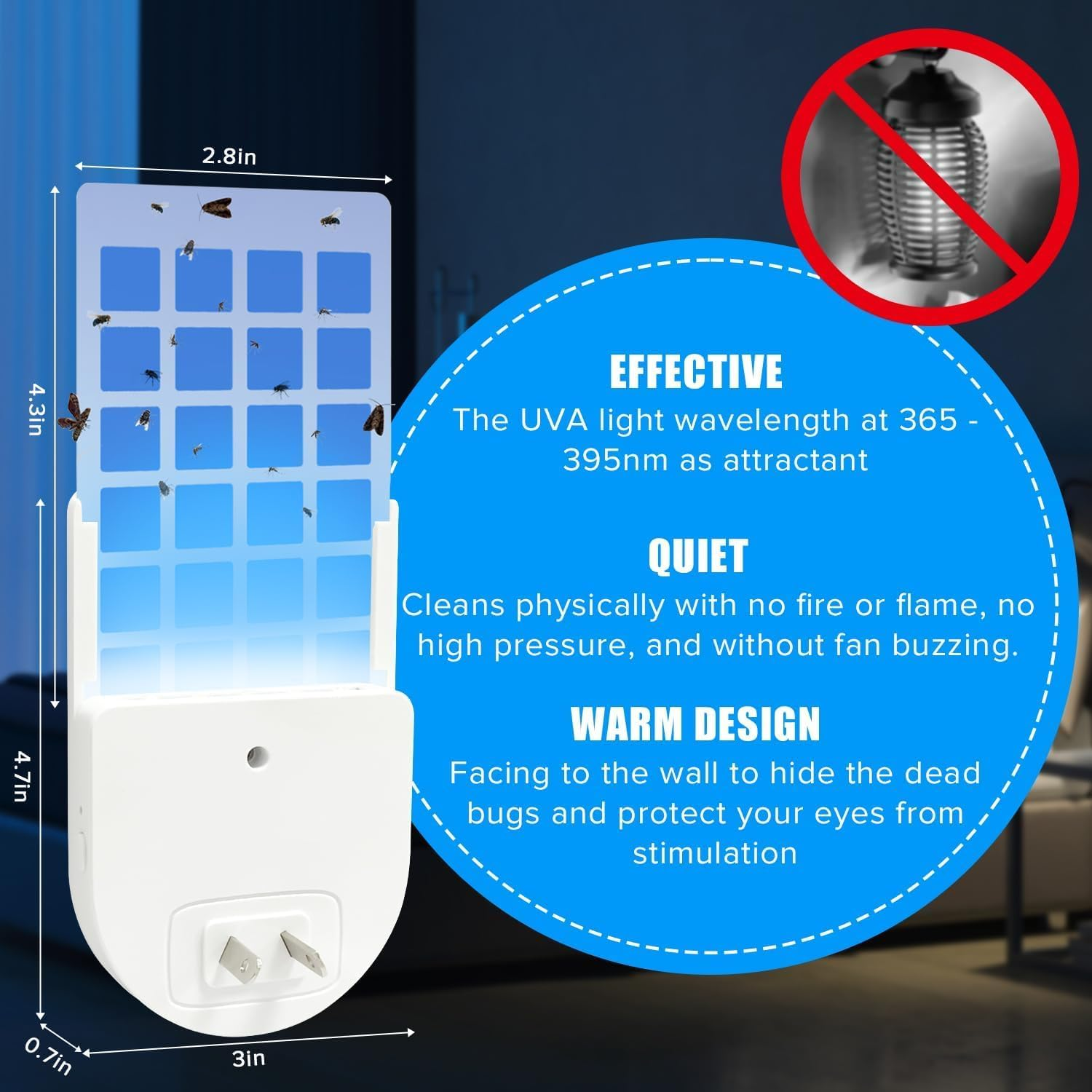 2 Pack Flying Insect Traps with UV Attractant Catcher, Indoor Plug-In Mosquito Killer with Warm Night Light for Flies, Fruit Flies, Moths & Gnats, 2 Device, 20 Pcs Adhesive Cards image number 3