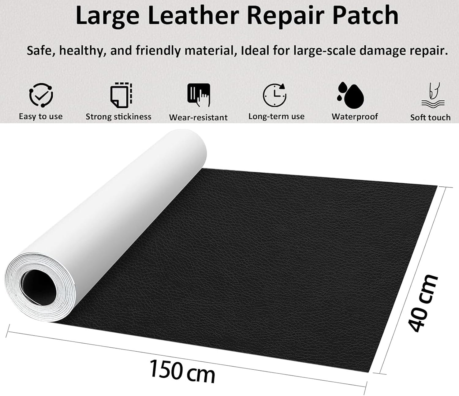 TOJUNE Leather Repair Patch for PU Couches 40 X 150 Cm, Self Adhesive Kit, Waterproof for Sofas, Couch Furniture, Kitchen Cabinets, Car Seats Reupholster (Black) image number 6