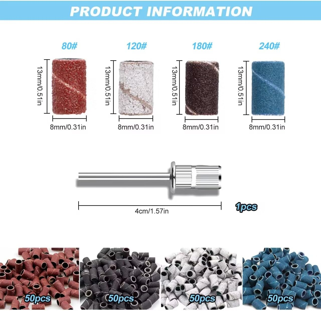 Sanding Sleeves Nail Cutter 200 Pieces Sanding Caps for Nail Cutter 80/120/180/240 Grit Mixed Sanding Belts Set for Gel Nails Manicure image number 2