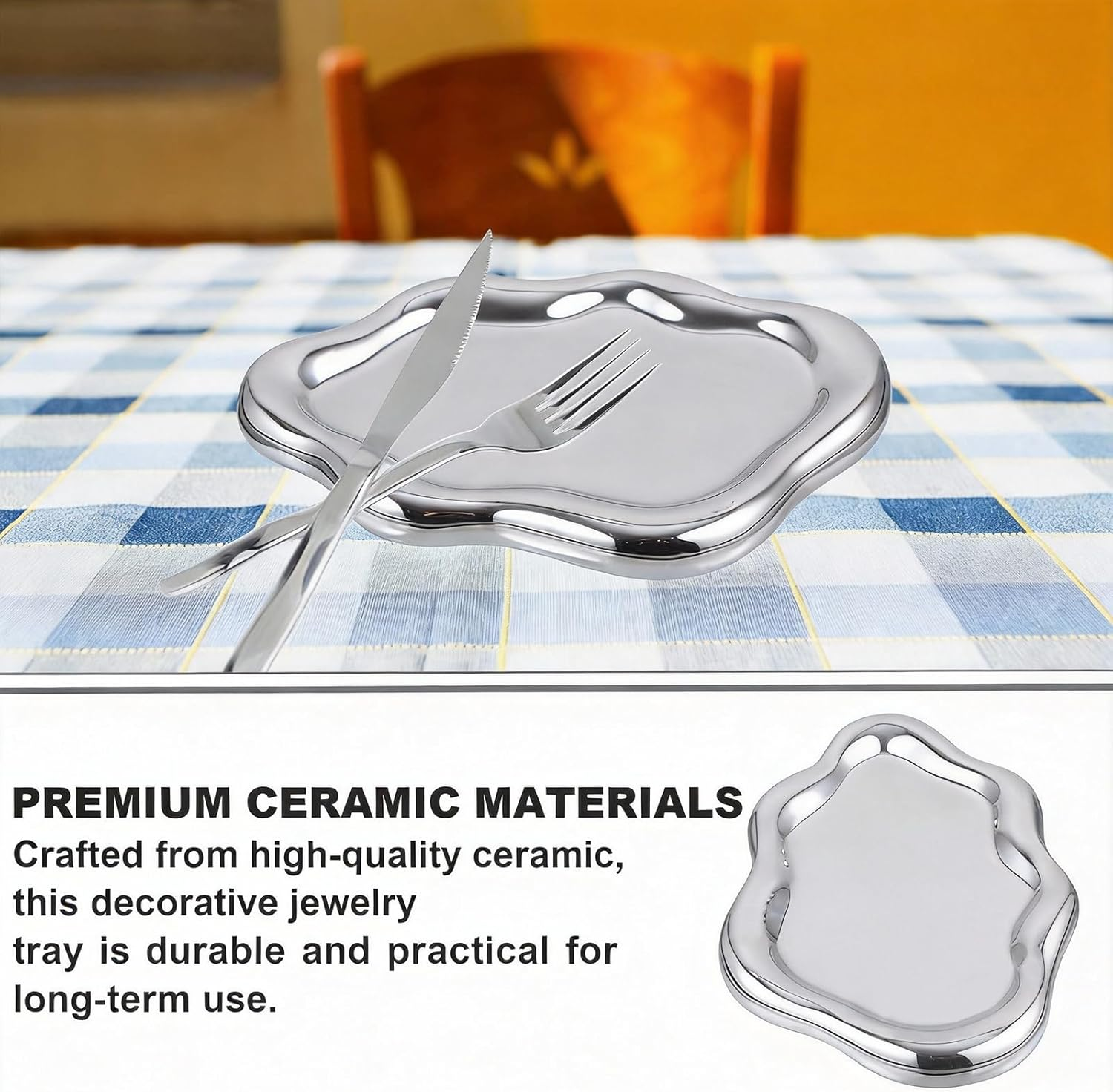 Cloud Trinket Dish - Silver Jewelry Tray Mirror Finish Ceramic Ring Holder, Modern Luxury Perfume Tray, Decorative Catchall Bowl for Entryway Table, Unique Christmas Birthday Gift-Silver - White image number 4