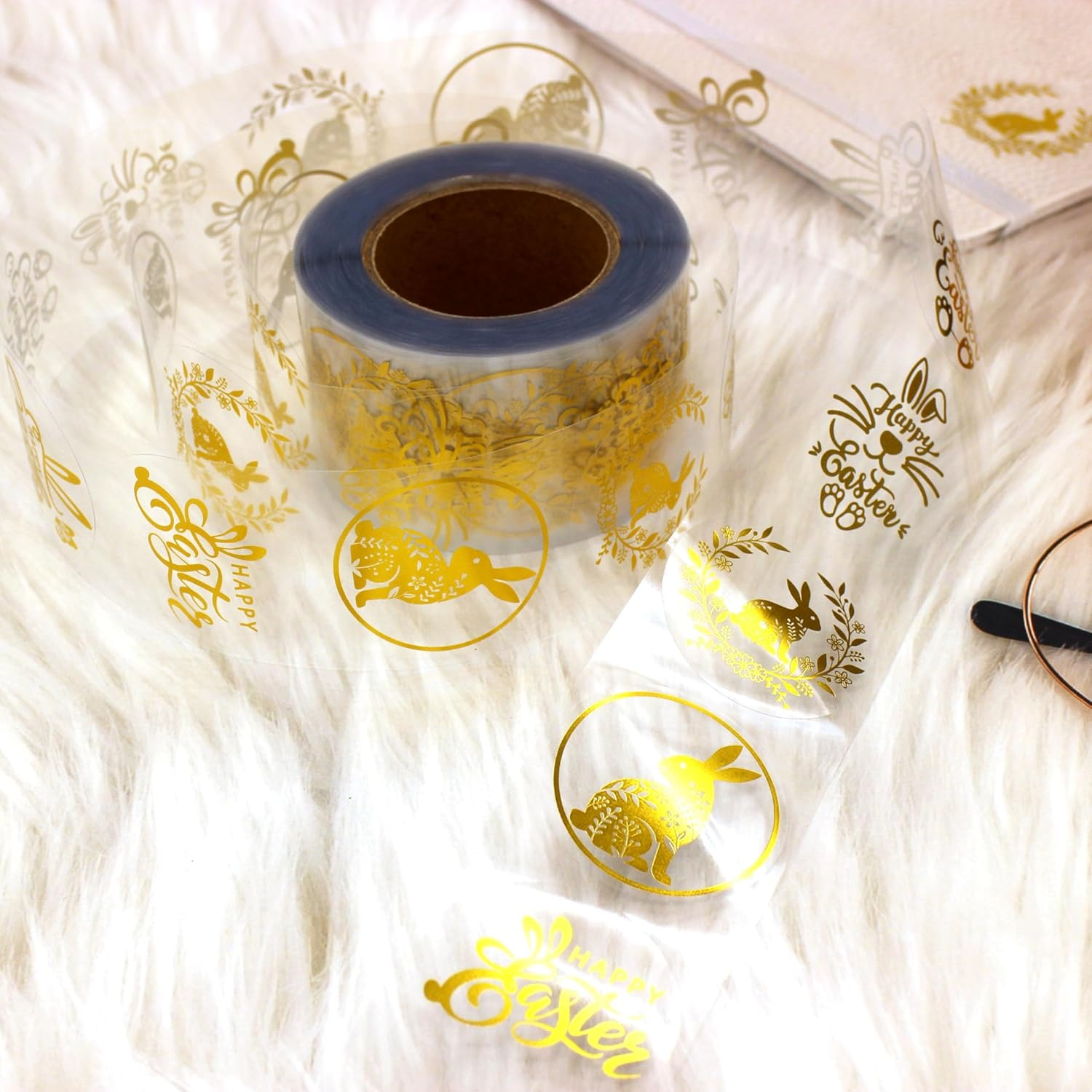 Masper 1.5 Inches/600 Easter Stickers, 6 Clear Gold Foil Designs Happy Easter Stickers, Decorative Easter Basket Stuffers for Kids, Easter Egg Stickers Bunny Stickers for Baskets Eggs Cards Crafts image number 5