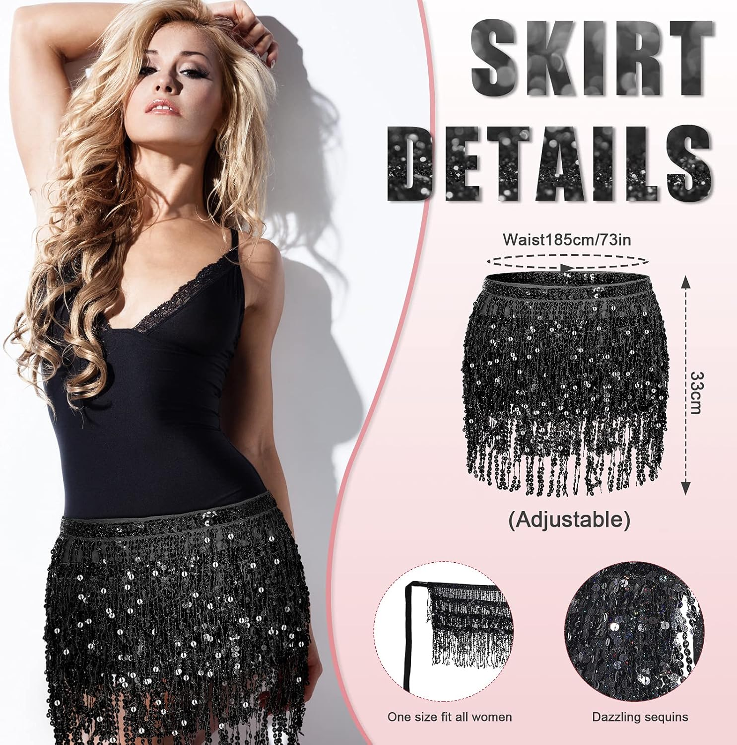 Sequin Fringe Skirts Belly Dance Skirt Festival Tassel Skirt Hip Scarf Wrap Outfit Costumes for Women and Girls image number 4