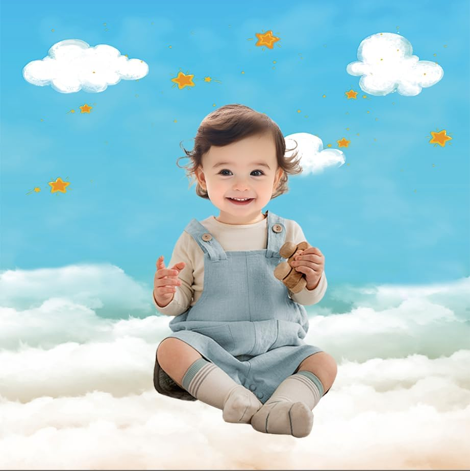 MEHOFOND 5X7Ft Blue Sky White Clouds Stars Backdrop for Photography Boys and Girls Portrait Backdrop Newborn Baby Shower Cake Smashed Birthday Party Decoration Banner image number 4