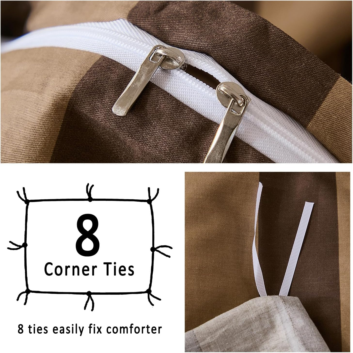 Merryword Brown Striped Duvet Cover Set King Size, 100% Natural Cotton Linen like Duvet Cover Set with Zipper Closure & 8 Corner Ties, Brown Khaki Soft Reversible Bedding for All Seasons image number 3