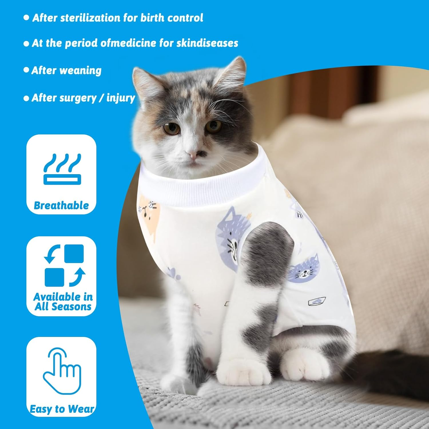 WLLHYF Cat Surgery Recovery Suit, Breathable Kitten Onesie Full Bodysuit Clothes, Post Neuter Surgery Spay Cone anti Licking, Abdominal Wound Protector for Small Male Female Pets (Medium) image number 4