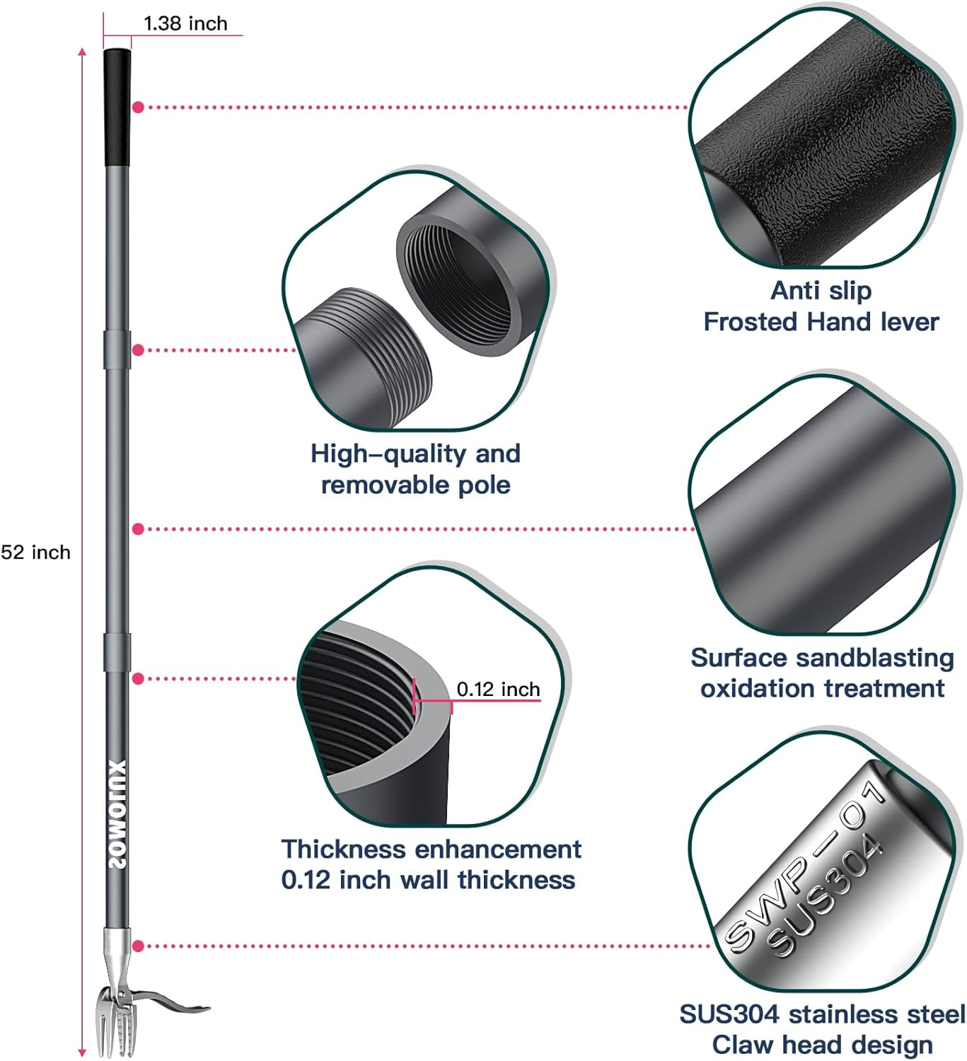 SOMOLUX 52'' Weed Puller Tool Stand-Up Weeder with Metal Long Handle/Stainless Steel Claw, Gardening Manual Tool Weed Gripper/Picker/Remover No Bending/Kneeling to Remove Dandelion Form Lawn Patio image number 6