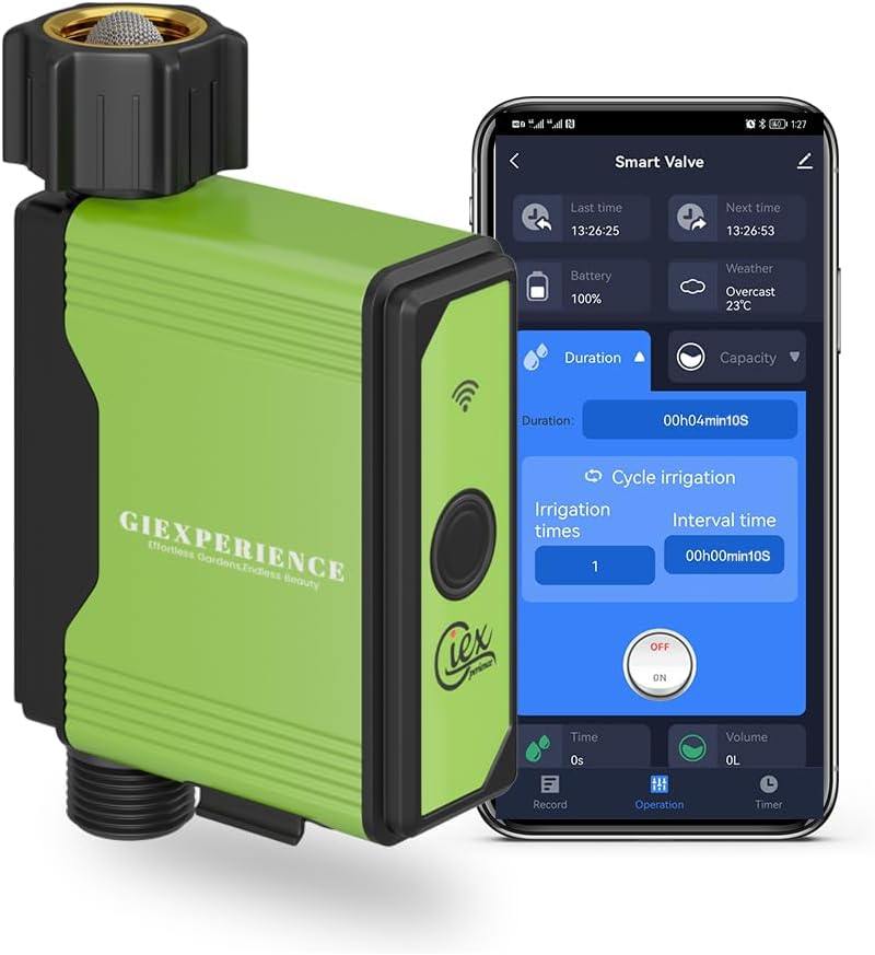 Bluetooth Smart Garden Watering Timer with Integrated Turbine Water Meter, up to 10 Programmable Schedules Compatible with Tuya Smart and Smart Life App