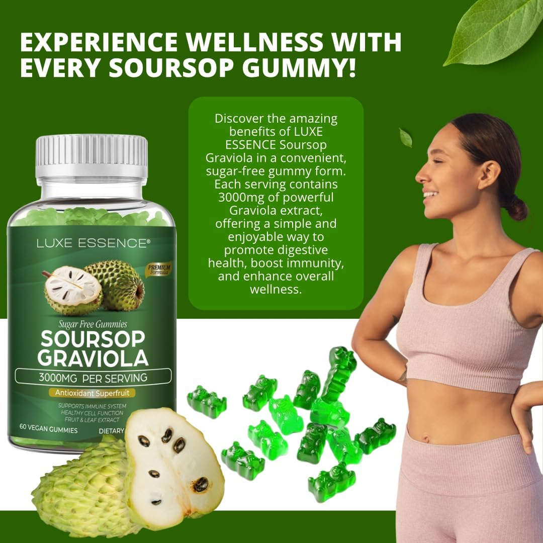 Soursop Graviola Gummies 3000Mg | Soursop Leaves & Fruit Gummies | Graviola Extract | Immune & Digestive Health Support | Sugar-Free, Gluten-Free, Non-Gmo, Vegan Friendly | Natural Apple Flavor | 60 Count image number 4
