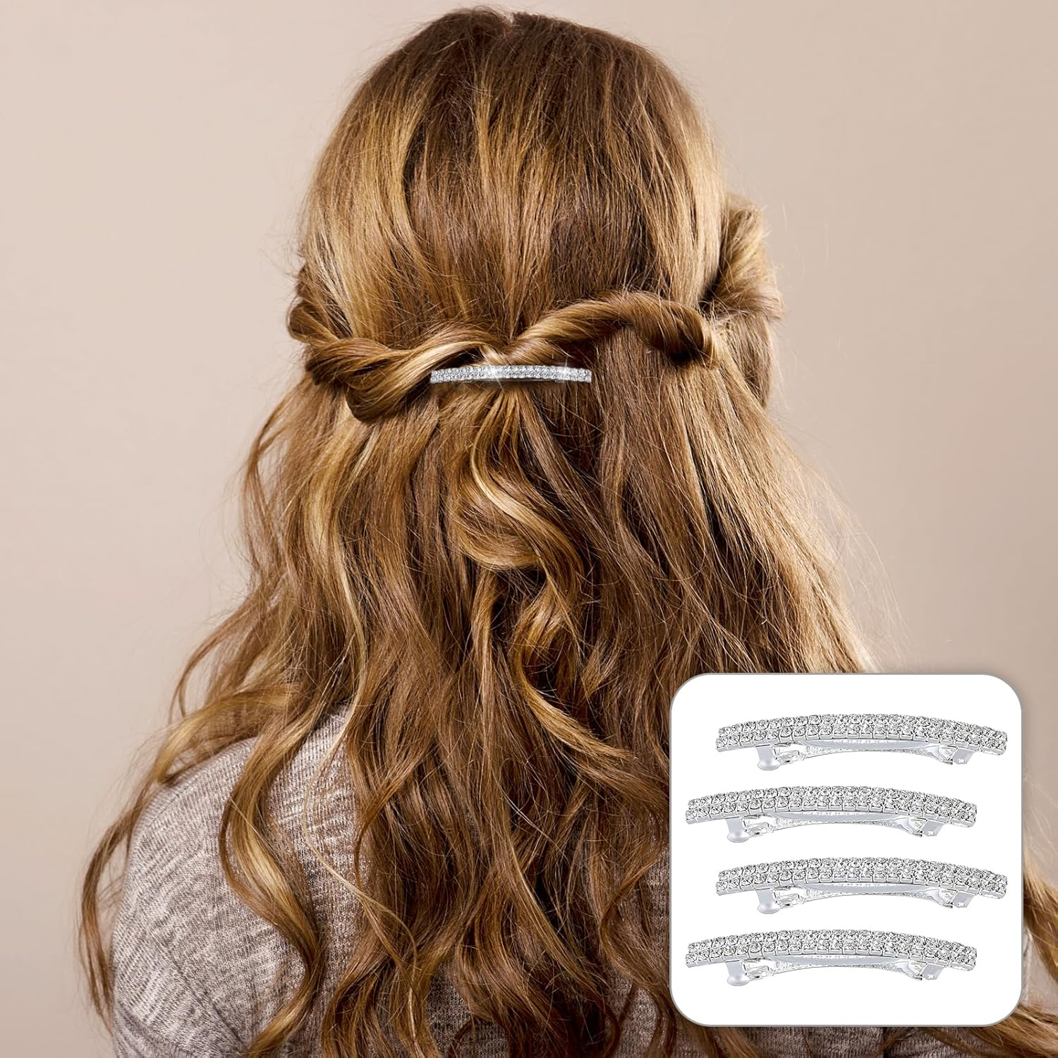 Xinjoduz 4 PCS Small Sparkly Rhinestone Hair Clips, Silver Crystal Ponytail Holder Side Clips Bling Metal Spring Hair Barrettes for Women Girls Bridal Wedding Engagement Prom Valentines