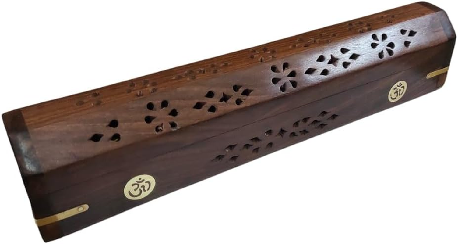 Wooden Box, Agarbatti Holder Wooden Hand Carved Incense Burner, Incense Holder, Brass Inlays & Storage Incense Holder Stand, Incense Stick Stand Handmade (12X2.5X3 Inch) Om image number 4