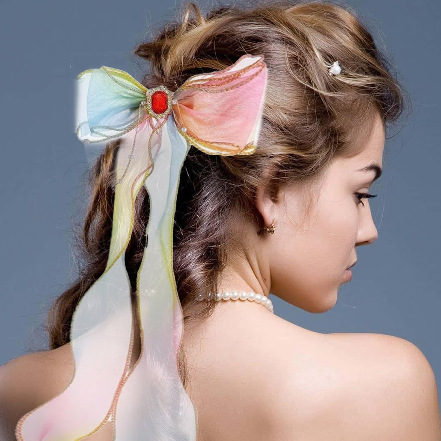 Pack of 3 Butterfly Colourful Ribbon Clips, Pearl Chain Bow Hair Clips, Women'S Tassel Bow Hair Clips, Girls Hair Accessories, Princess Hair Clip Decoration (Gradient Colour) image number 4