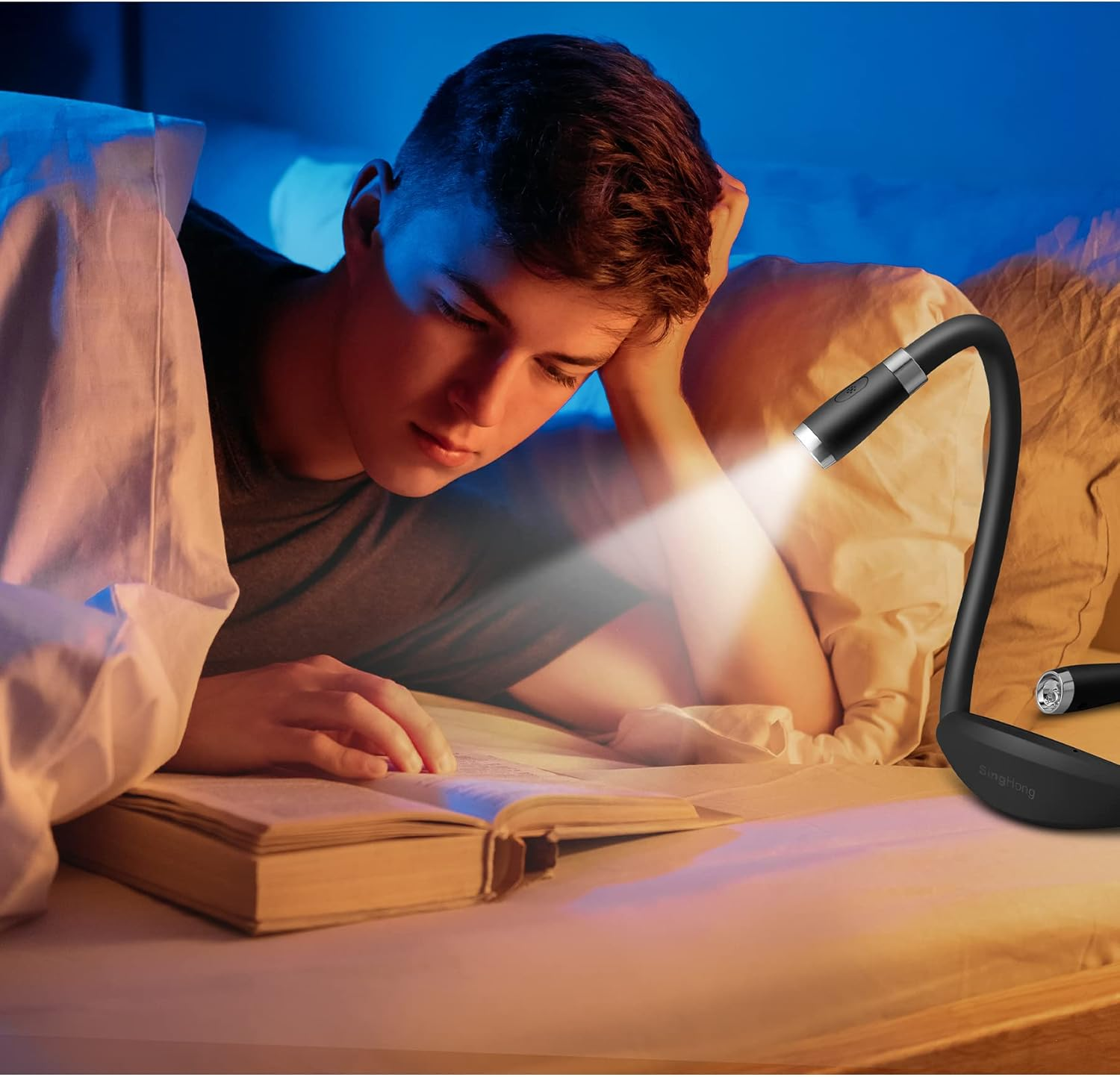 Singhong Neck Book Light LED Reading Lamp - USB Rechargeable, Hands Free, 4 LED Bulbs, 4 Adjustable Brightness, for Bed or Car (Black)